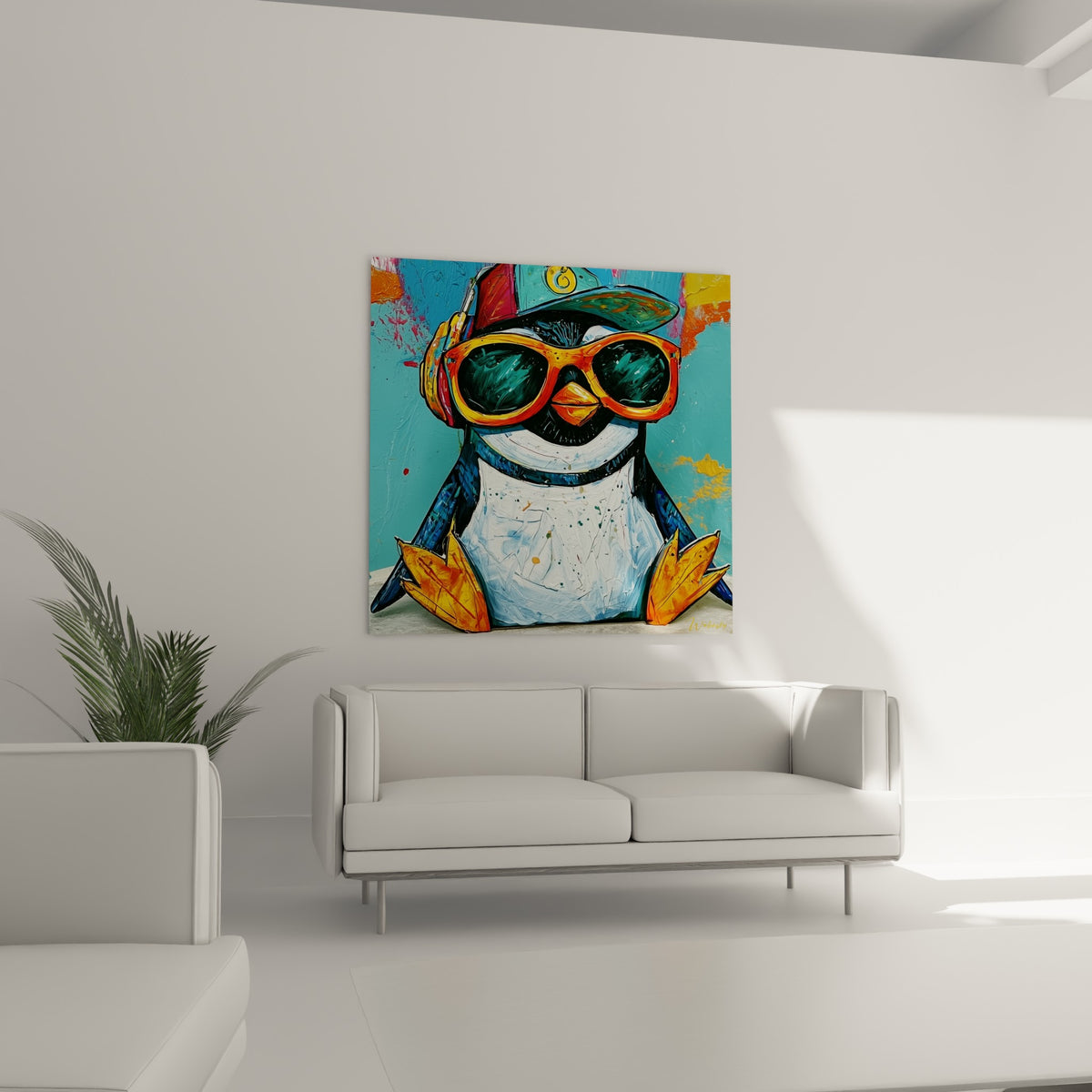 Silhouette de pingouin blanc et orange coiffé d'une casquette, suspendue au-dessus d'un canapé dans un salon lumineux
