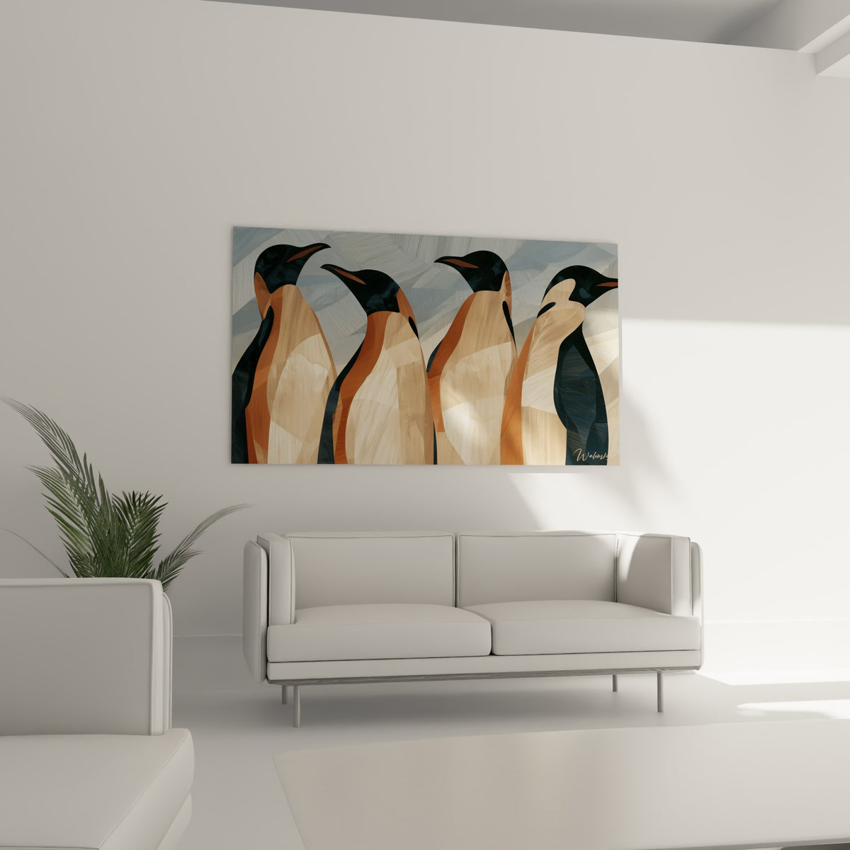 Groupe de pingouins ocre et bois clair disposé au-dessus d'un canapé dans un salon lumineux.