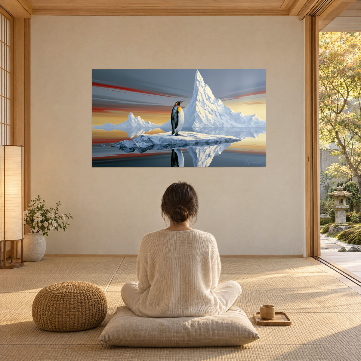 Cuadro paisaje polar espejado, iceberg blanco y cielo gris surcado de rojo, pingüino de perfil, mujer de espaldas sentada en meditación