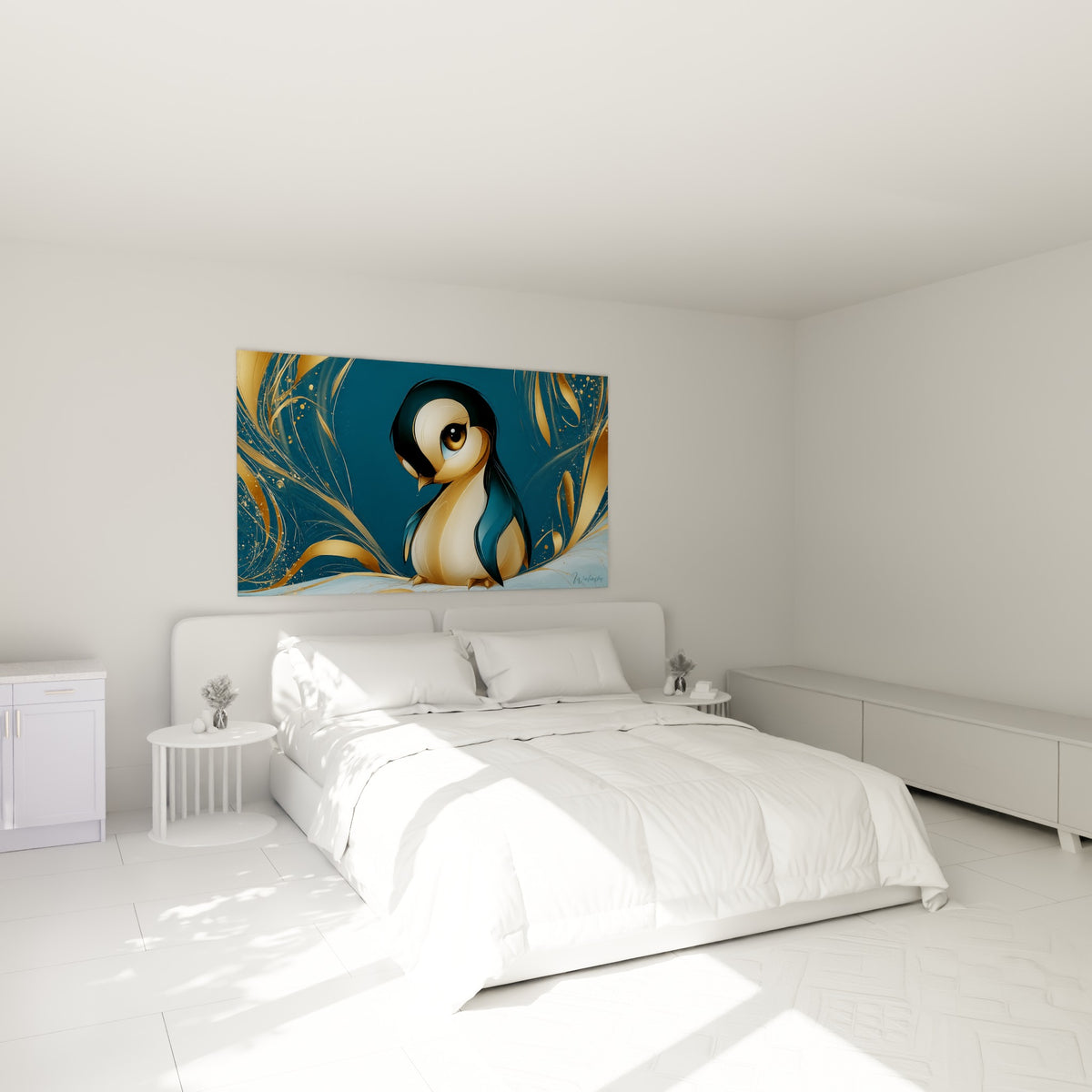 Jeune pingouin crème et doré, regard attendrissant, accroché au-dessus d'un lit dans une chambre claire
