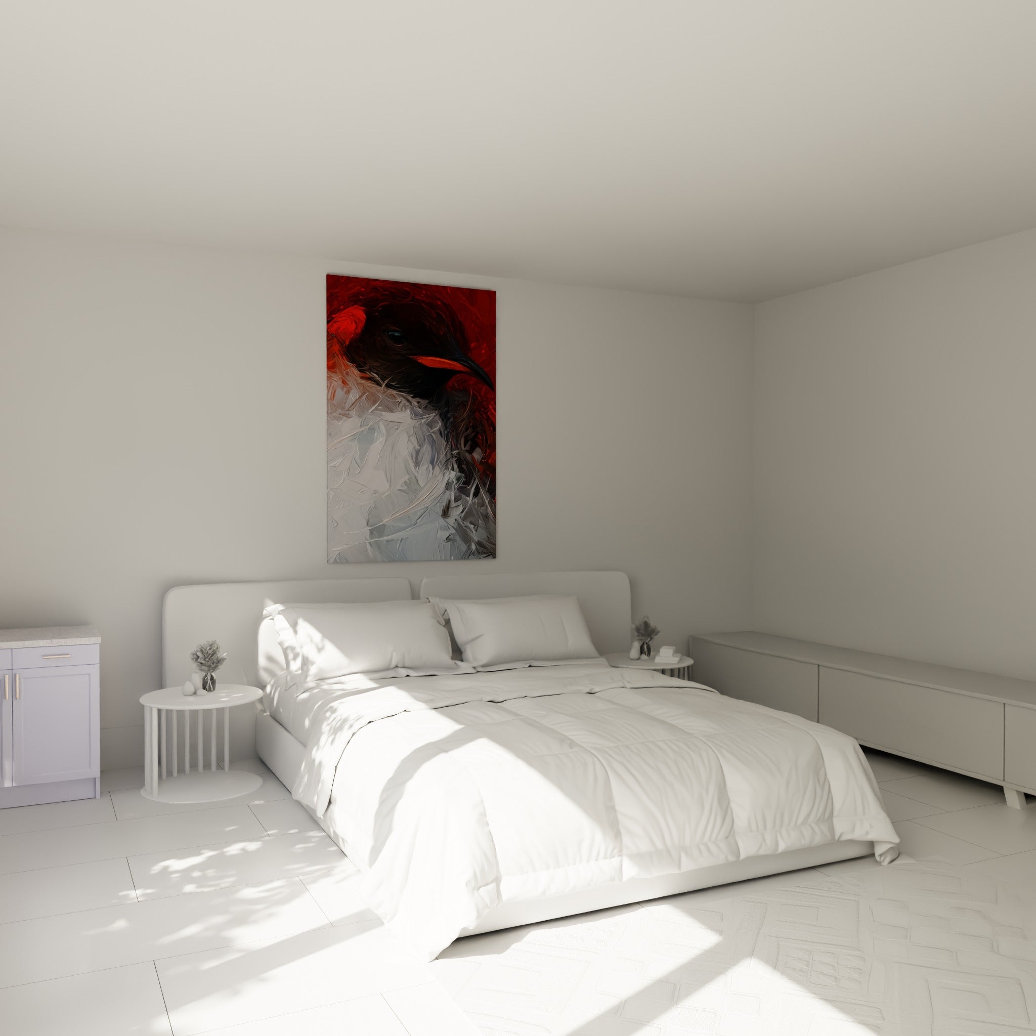 Oiseau au regard sombre entouré de rouge et blanc texturé, accroché au-dessus d'un lit dans une chambre claire