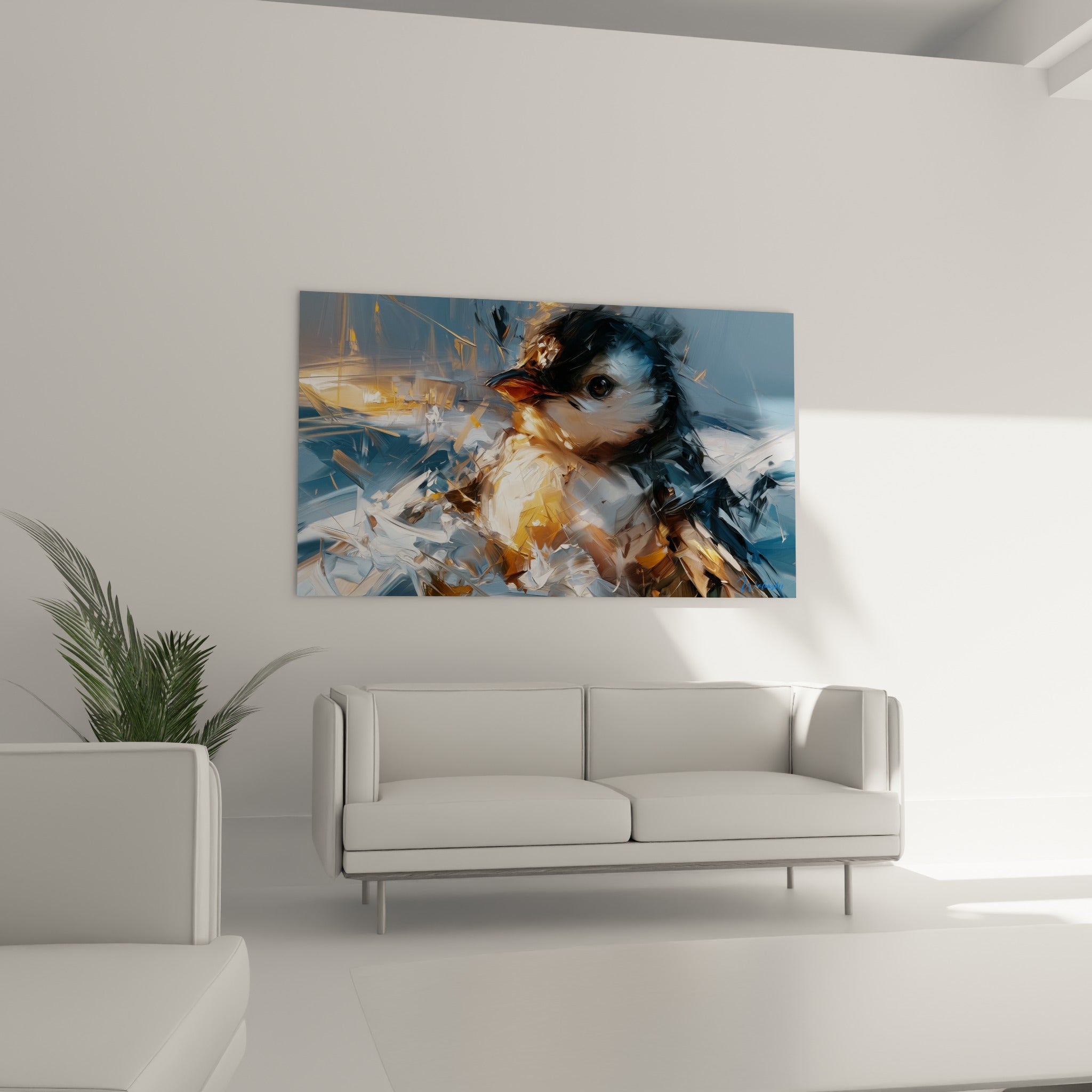 Oisillon pingouin peint en larges touches bleutées et ambrées, au-dessus d'un canapé dans un salon lumineux
