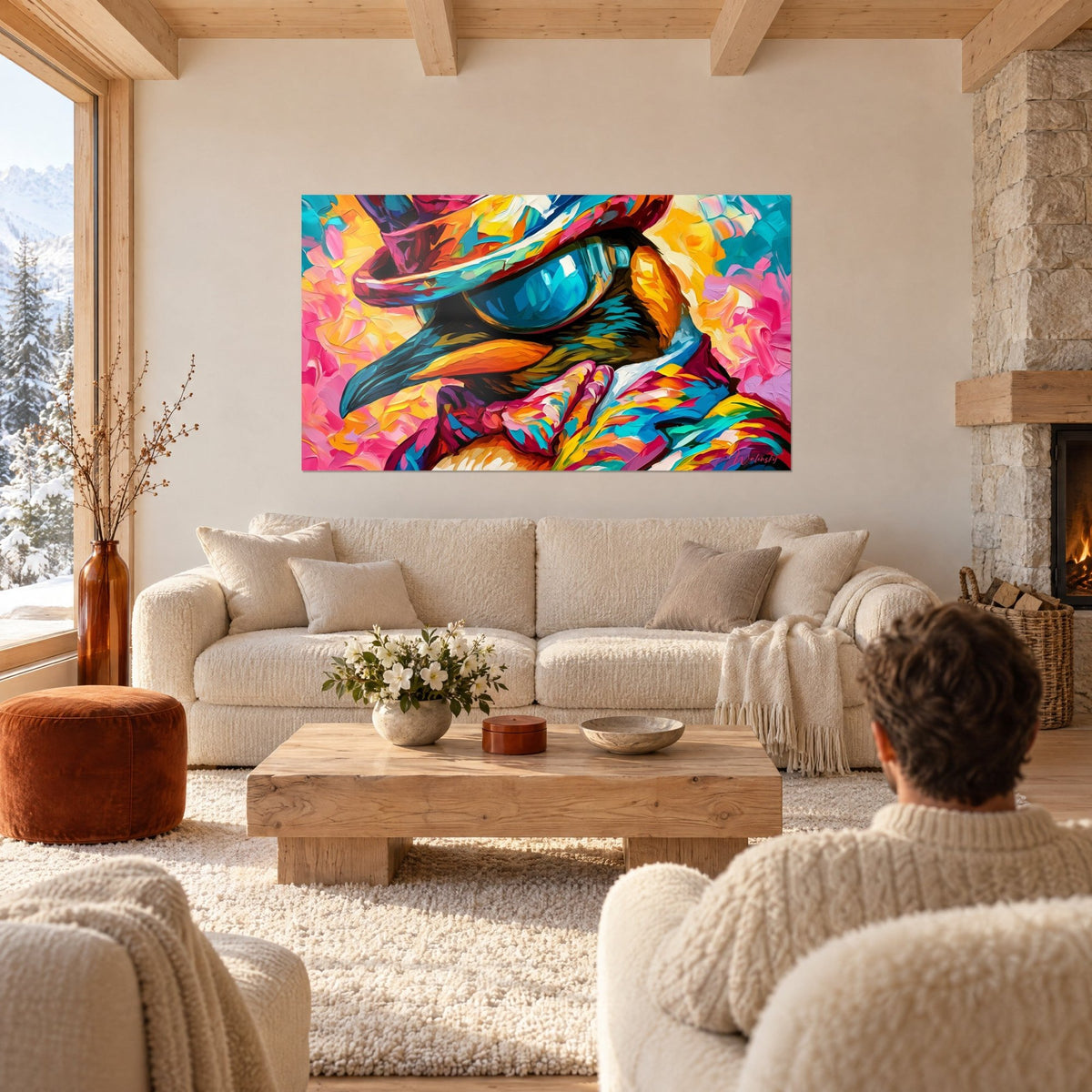Schilderij dandy-vogel met roze bolhoed en blauwe bril, zwarte en oranje snavel, boven een bank in een lichte woonkamer