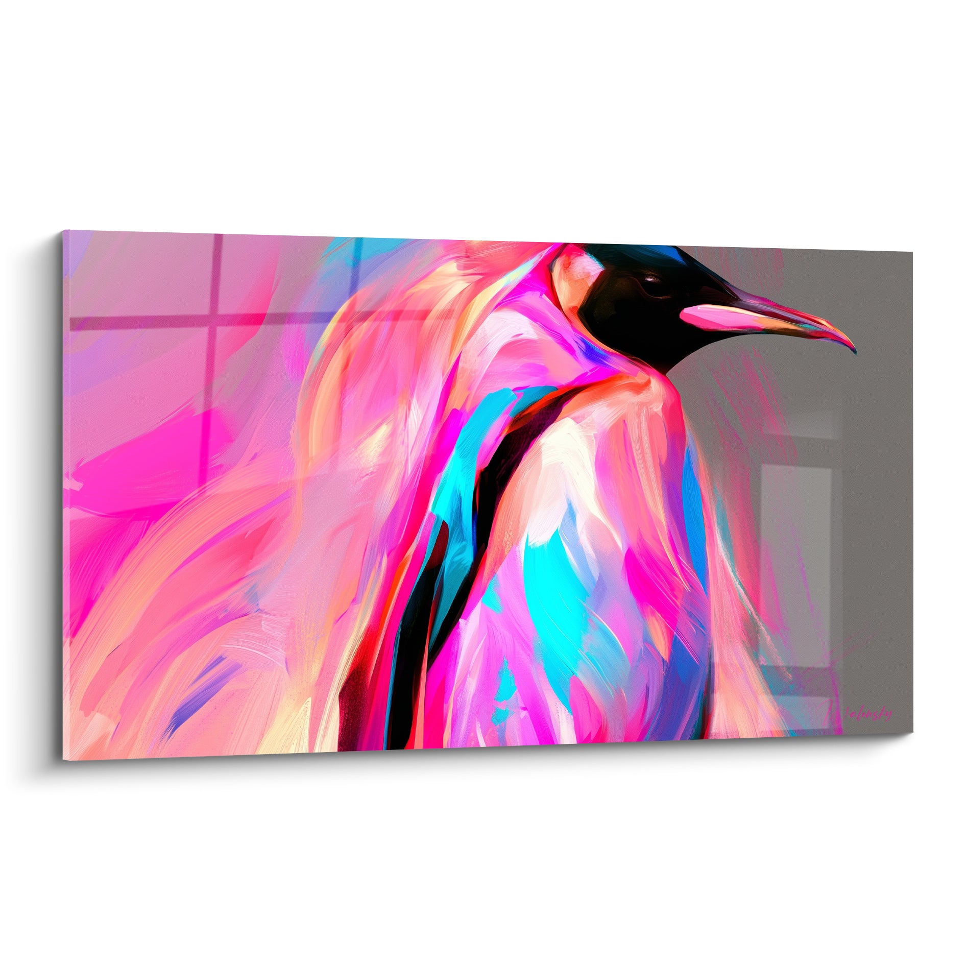 Pingouin de profil aux plumes rose fluo et turquoise, bec noir sur fond anthracite graphique