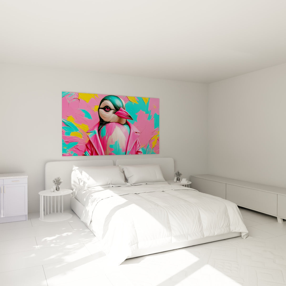 Portrait pop art pingouin rose fuchsia et turquoise accroché au-dessus d'un lit dans une chambre claire