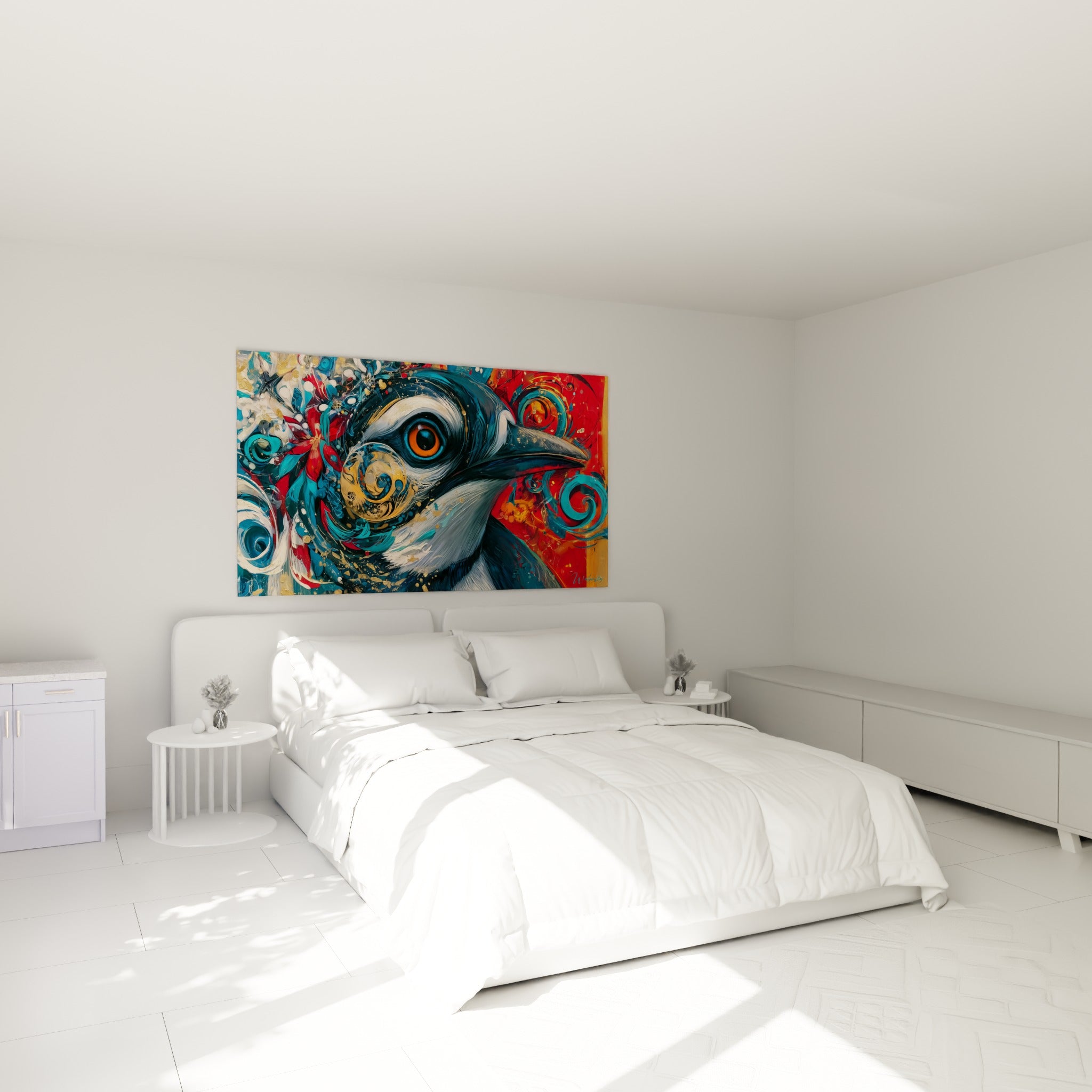 Œil orange perçant d'un pingouin bleu et doré, accroché au-dessus d'un lit dans une chambre claire