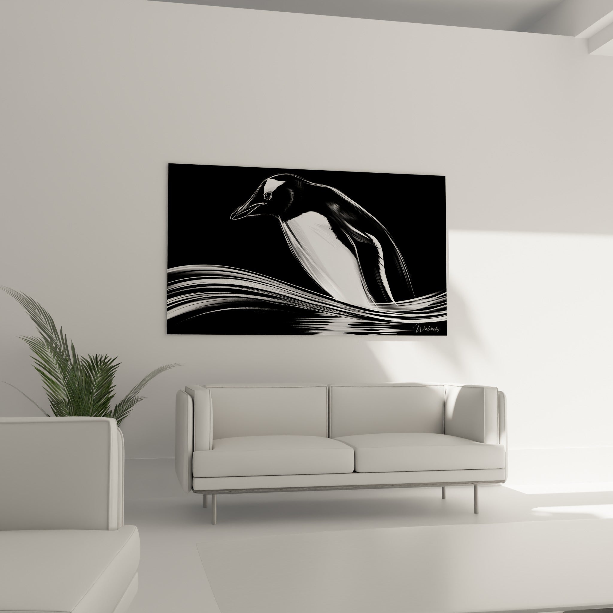 Oiseau polaire noir et blanc capturé en plein élan, au-dessus d'un canapé dans un salon lumineux