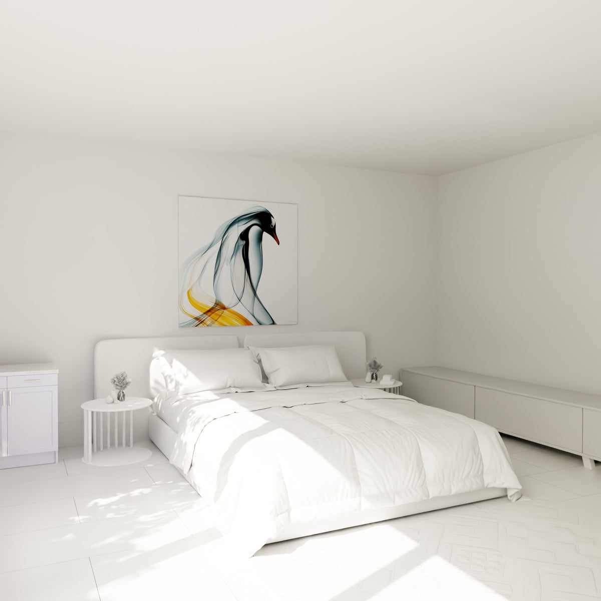 Silhouette de pingouin gris et doré aux drapés vaporeux, accrochée au-dessus d'un lit dans une chambre claire