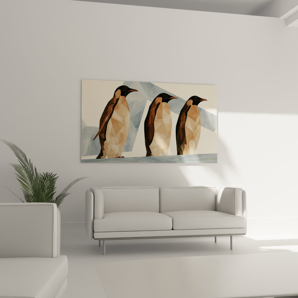 Silhouettes de manchots beige sable et bleu glacé disposées au-dessus d'un canapé dans un salon lumineux