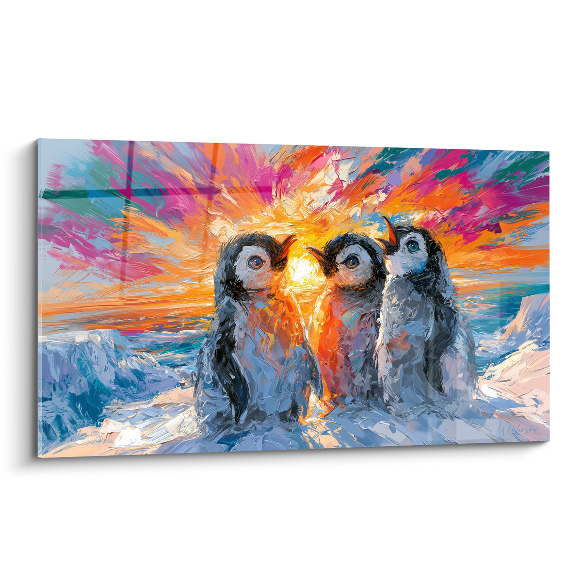 Trois manchots gris et noirs face à un ciel orange et fuchsia, peinture au couteau expressive sur banquise