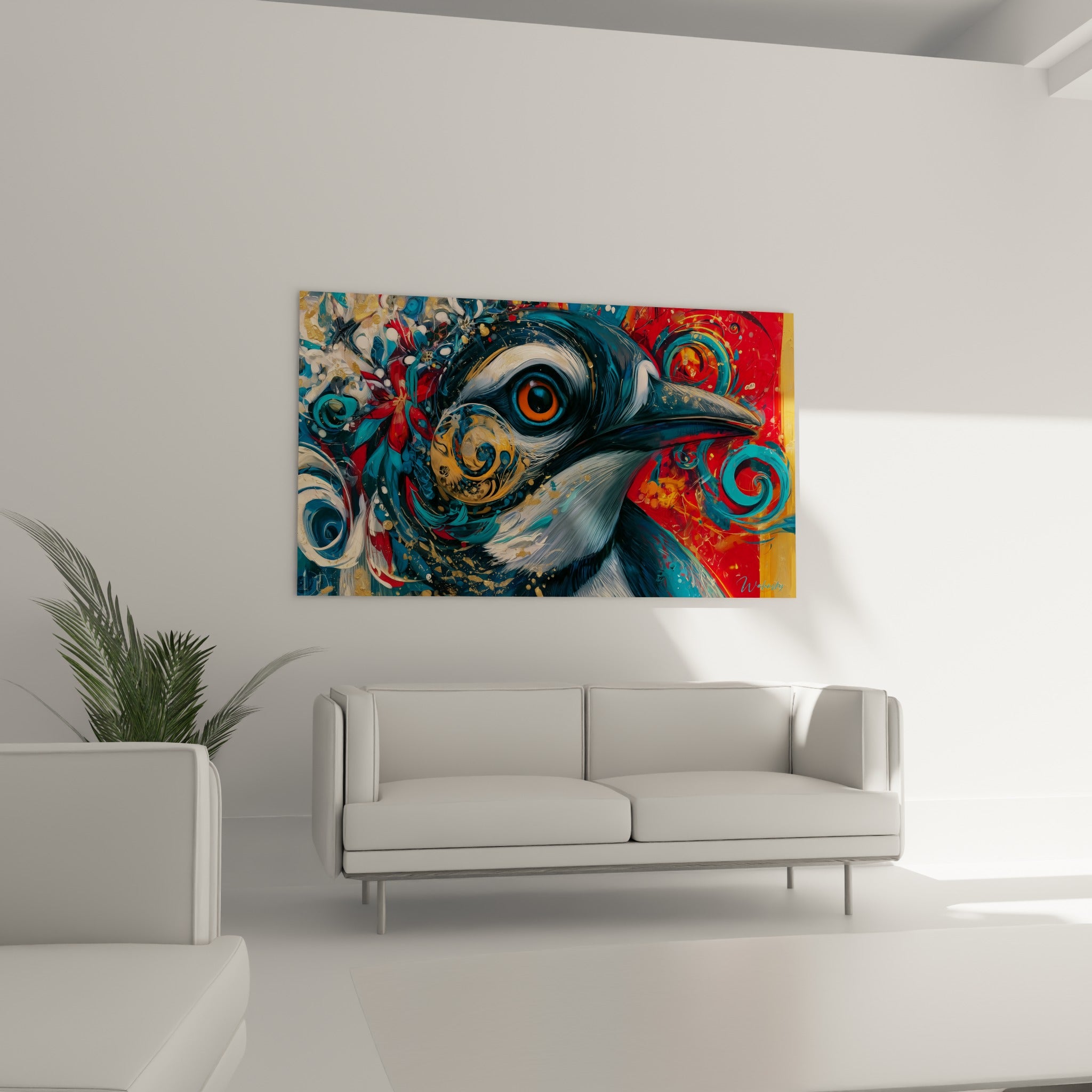 Bec sombre et spirales turquoise d'un pingouin stylisé, accroché au-dessus d'un canapé dans un salon lumineux