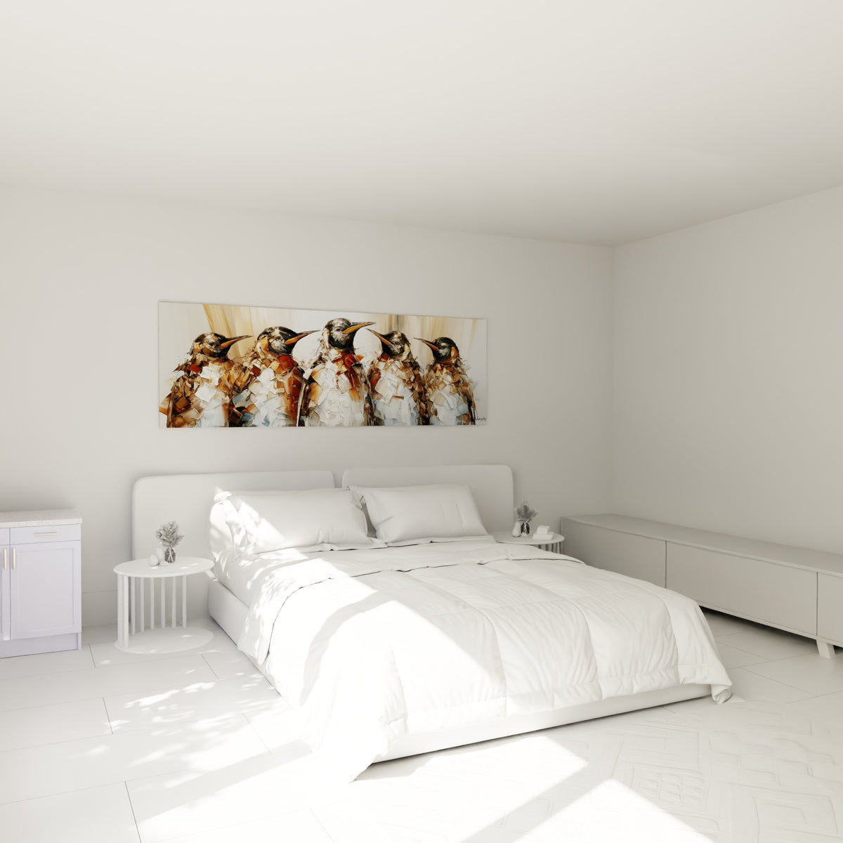 Colonie de pingouins terracotta et anthracite au-dessus d'un lit dans une chambre claire