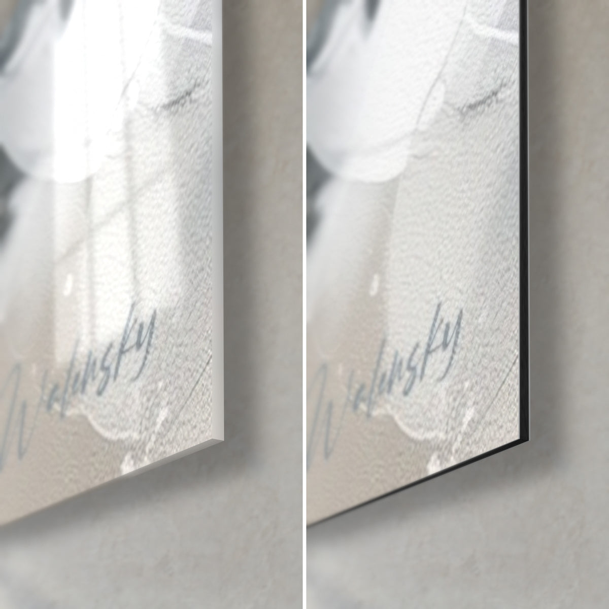 Schilderij van een zwart-witte poolvogel, rechtsonder: glanzend acrylglas links, mat Dibond rechts, 3 mm kant