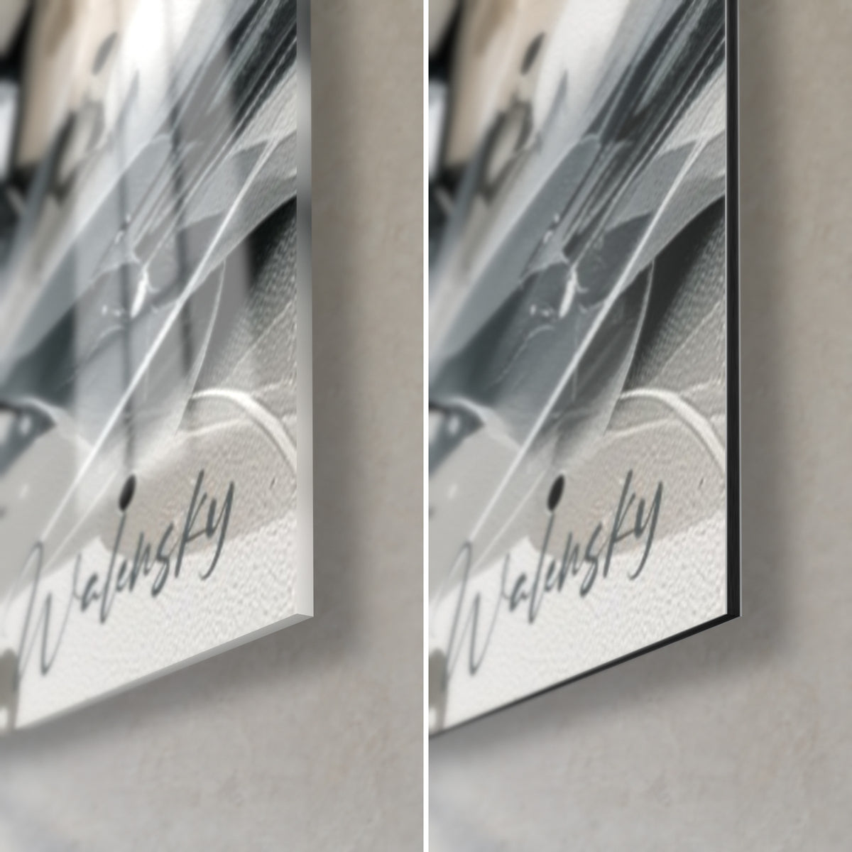 Wall art black and white polar bird, bottom right corner, Walensky signature, glossy acrylic glass on the left, matte Dibond on the right