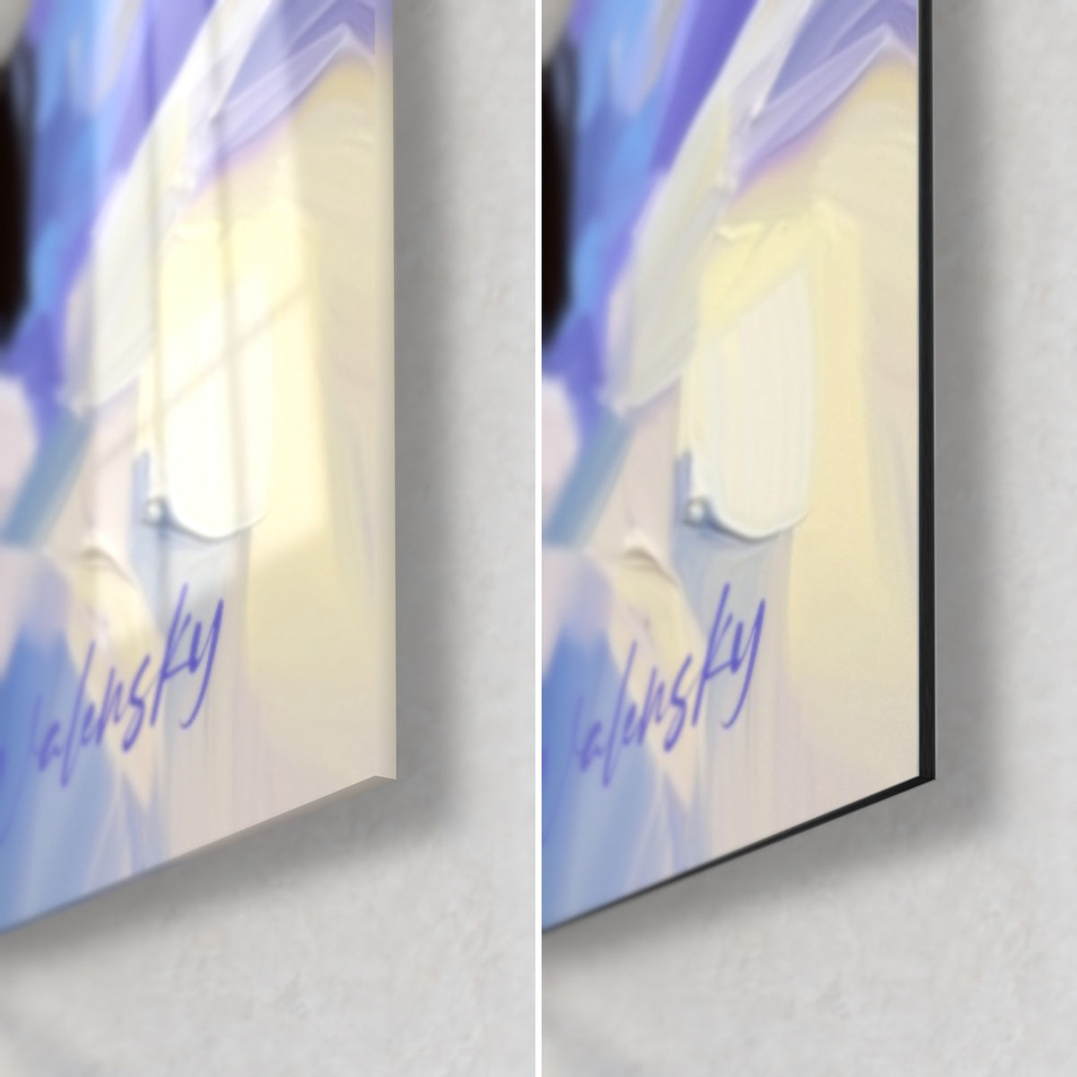 Gemälde Trio von Pinguinen in blauen und cremefarbenen Pastosstrichen, untere rechte Ecke: glänzendes Acrylglas links, matte Dibond-Alu rechts
