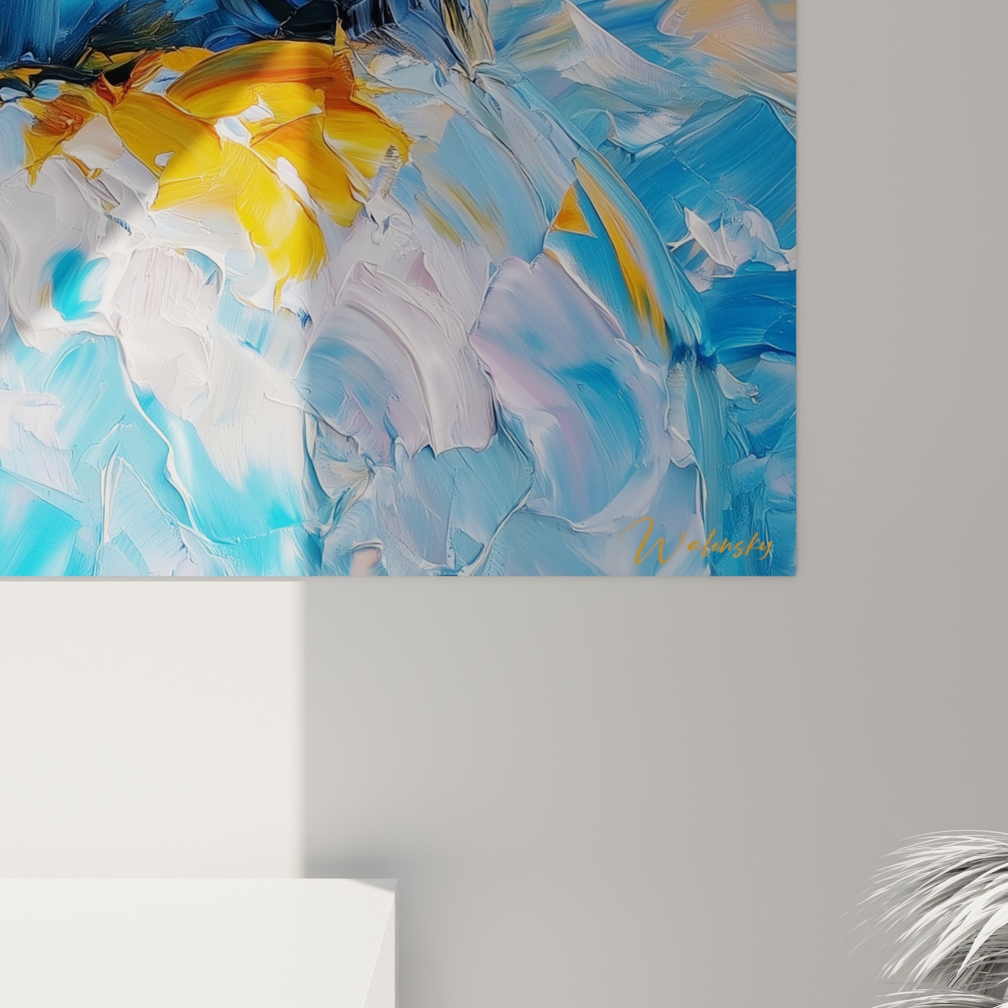 Empâtements bleus et orangés du bec de pingouin, matière épaisse et coulures visibles sur la toile