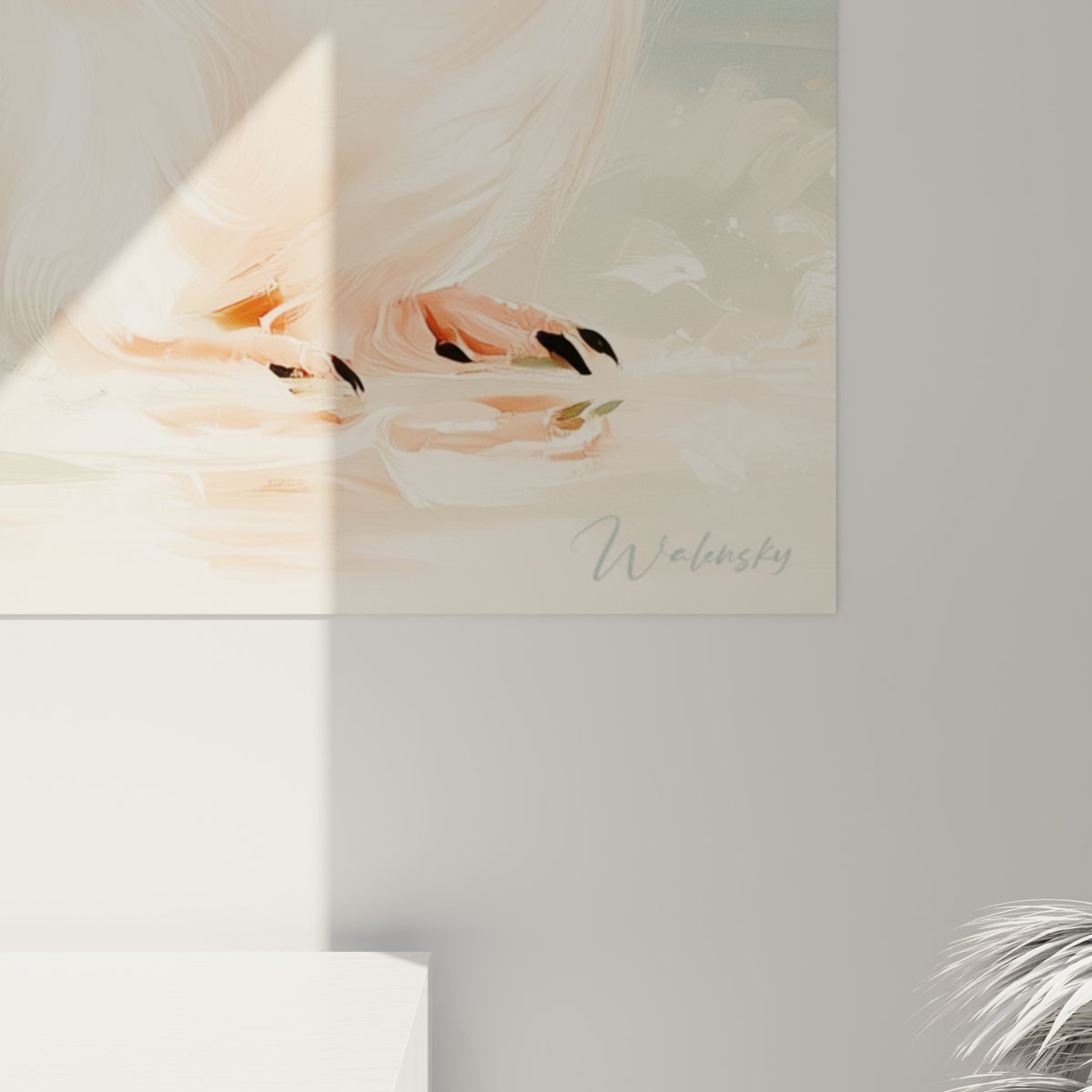 Empâtements crème et anthracite du plumage de pingouin, coulures blanches suggérant l'éclaboussure d'eau