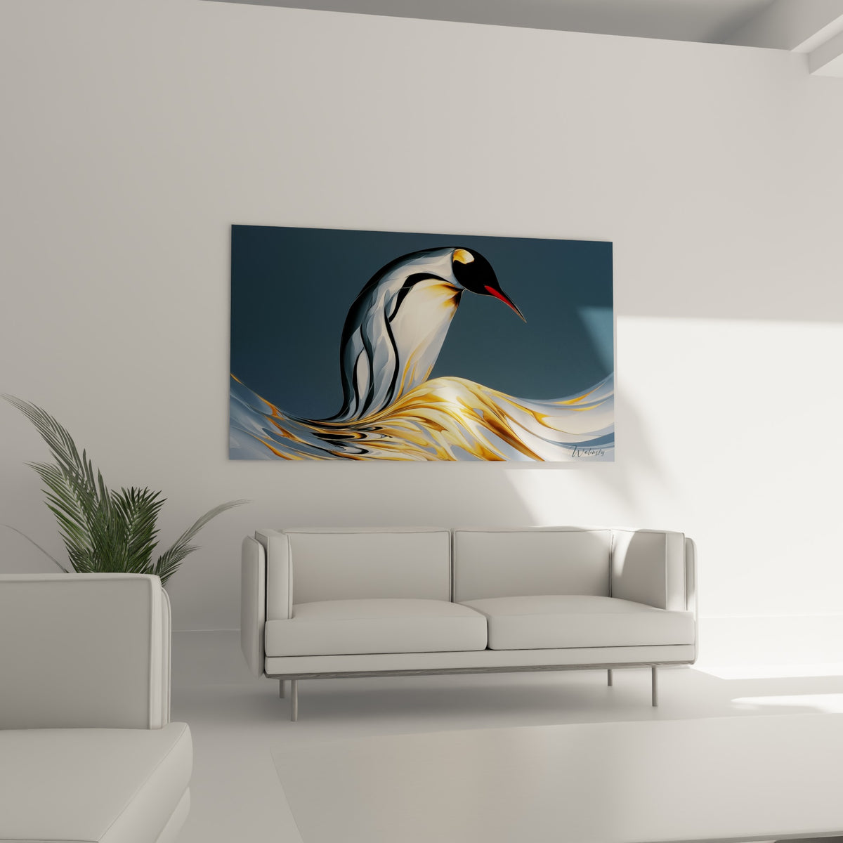 Pingouin stylisé en blanc nacré et doré tourbillonnant, au-dessus d'un canapé dans un salon lumineux