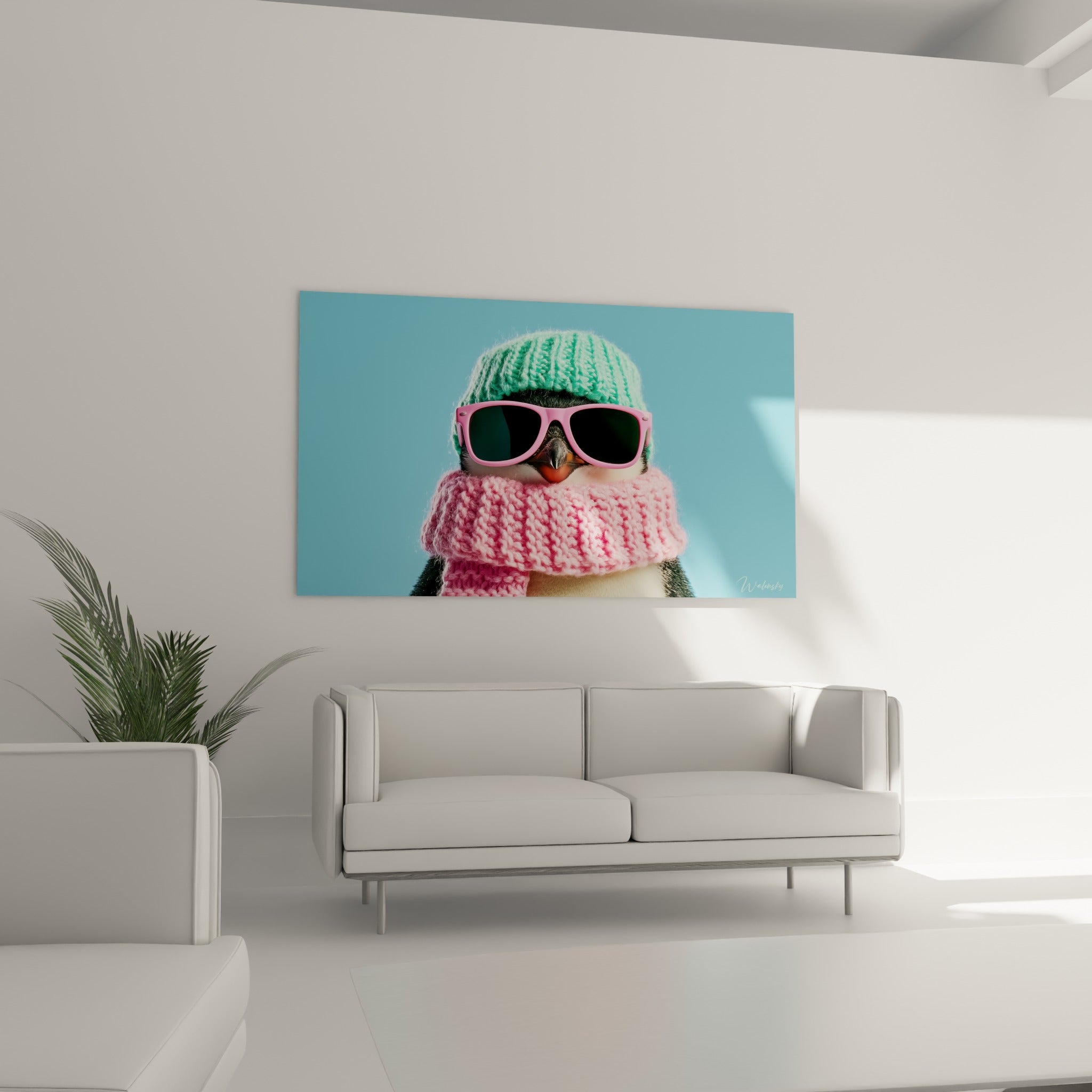 Lunettes roses et plumage noir et blanc de ce pingouin espiègle au-dessus d'un canapé dans un salon lumineux