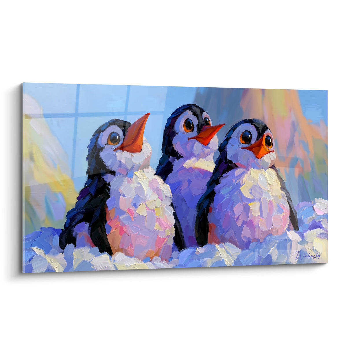 Trois pingouins bleus et blancs aux becs orange vif, plumage empâté façon peinture au couteau