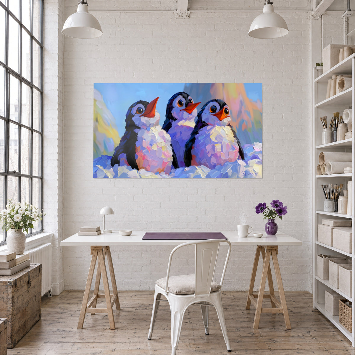Gemälde Pinguine mit bernsteinfarbenen Augen und orangefarbenen Schnäbeln, schwarzes und violettes Gefieder, an einer weißen Wand über einem hellen Schreibtisch eines Künstlerlofts