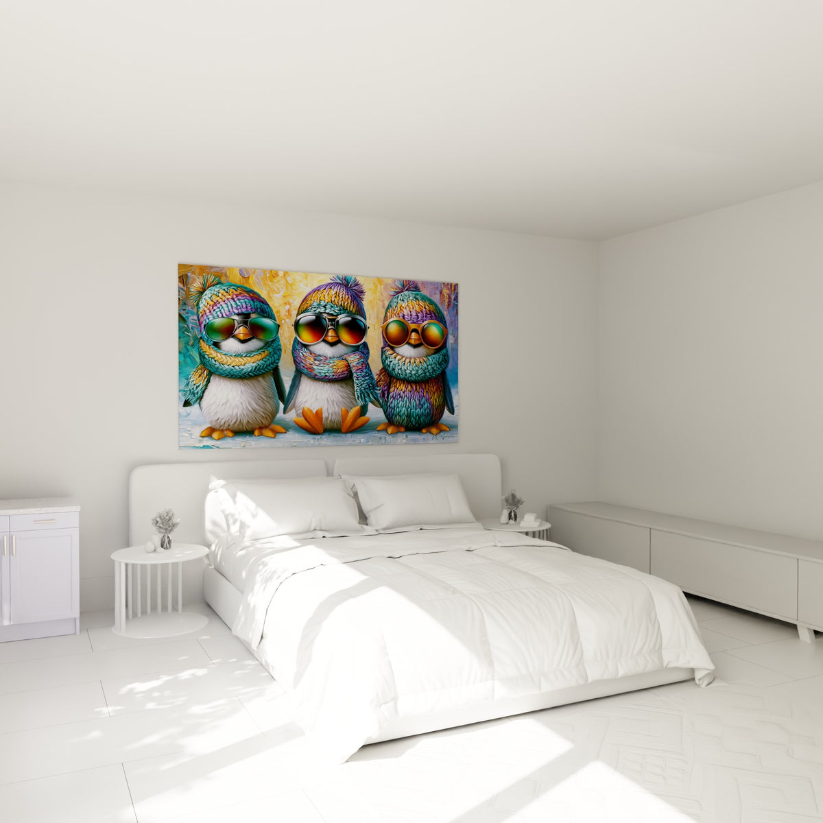Pingouins facétieux aux écharpes ocre et bleues accrochés au-dessus d'un lit dans une chambre claire