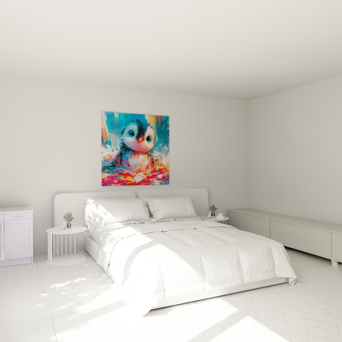 Jeune Pingouin bleu et rouge aux grands yeux, accroché au-dessus d'un lit dans une chambre claire