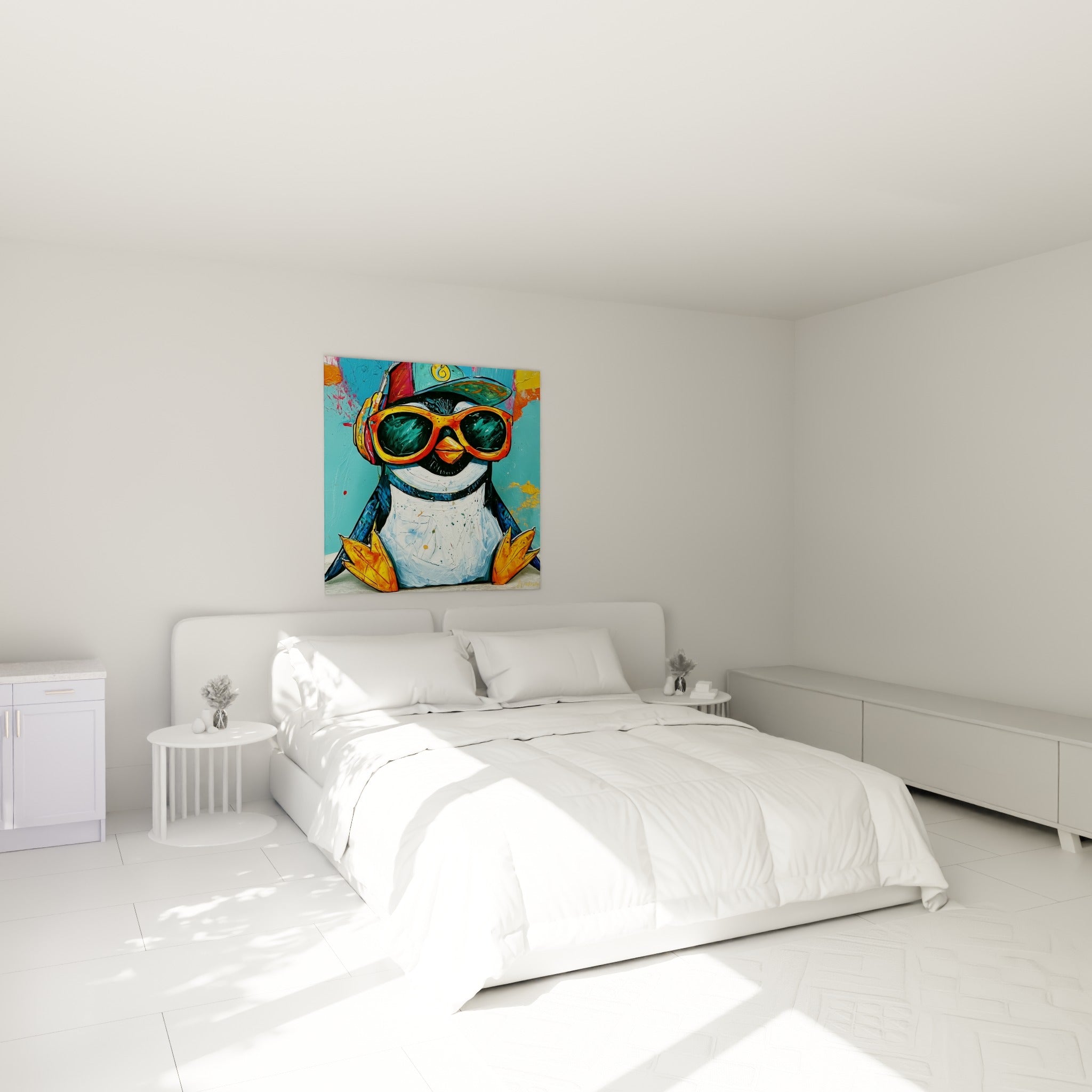 Personnage pingouin orange et turquoise aux lunettes vives, accroché au-dessus d'un lit dans une chambre claire
