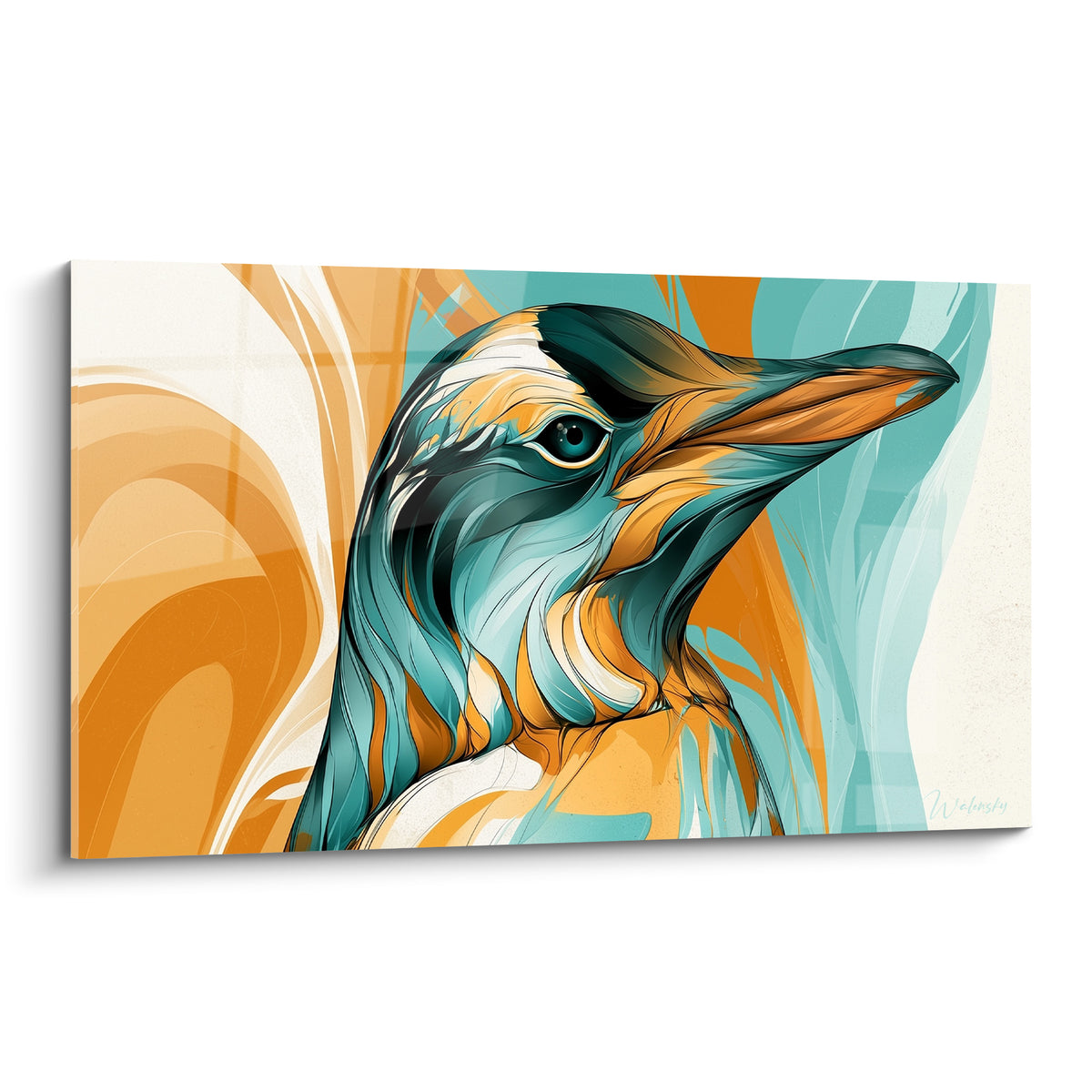 Pingouin en gros portrait turquoise et orange, plumage graphique et bec orangé sur fond crème ocre