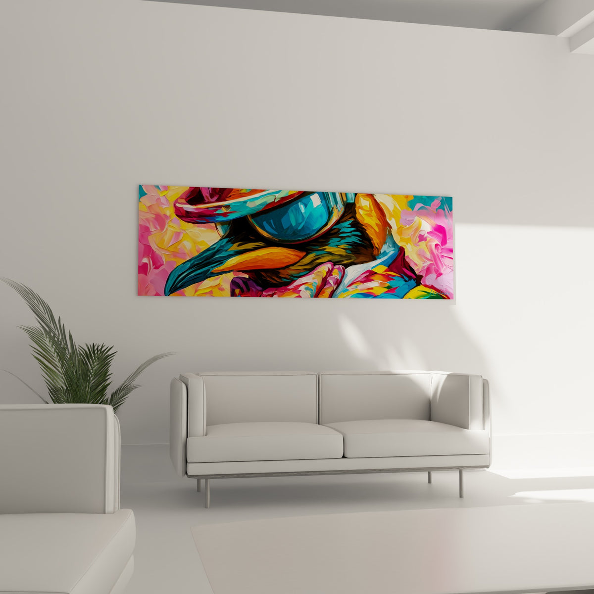Plumage sombre et fond rose du Pingouin accroché au-dessus d'un canapé dans un salon lumineux