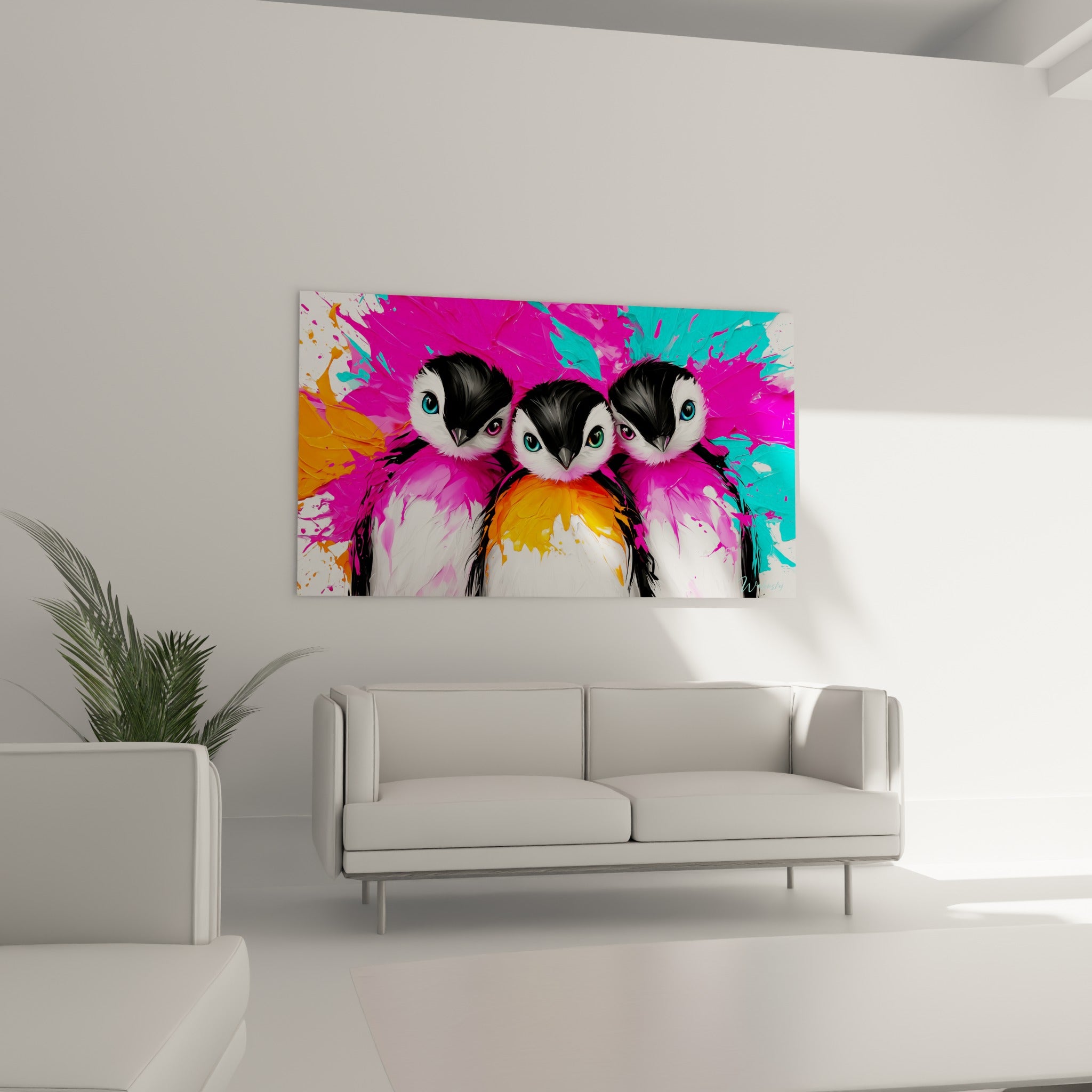 Trio de pingouins aux teintes orangées et turquoise vibrantes, suspendu au-dessus d'un canapé dans un salon lumineux