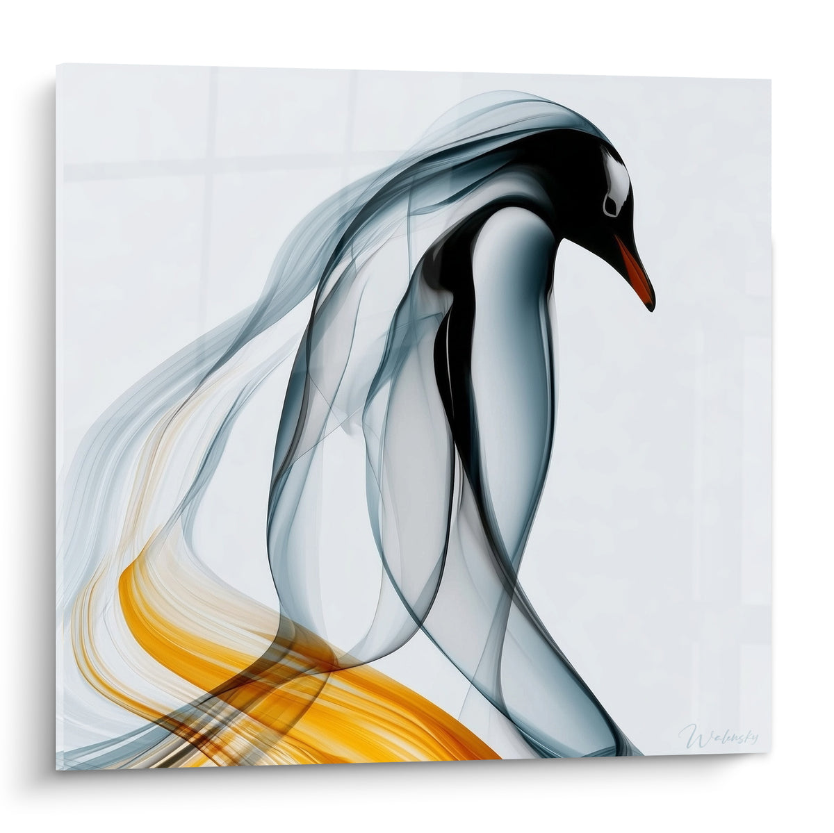 Pingouin en voiles gris anthracite et doré se détachant sur fond blanc, style graphique fluide