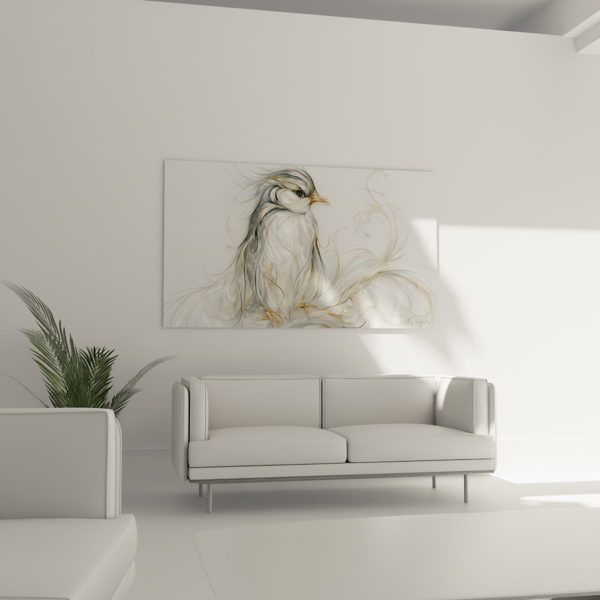 Corps stylisé du pingouin aux volutes blanches et dorées au-dessus d'un canapé dans un salon lumineux