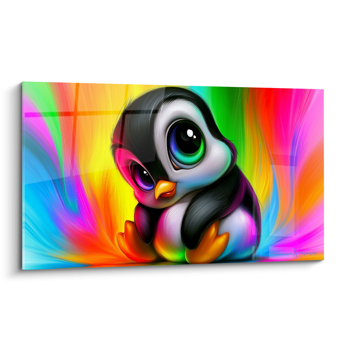 Pingouin aux yeux vert et violet, plumage noir et blanc sur fond arc-en-ciel fuchsia et turquoise