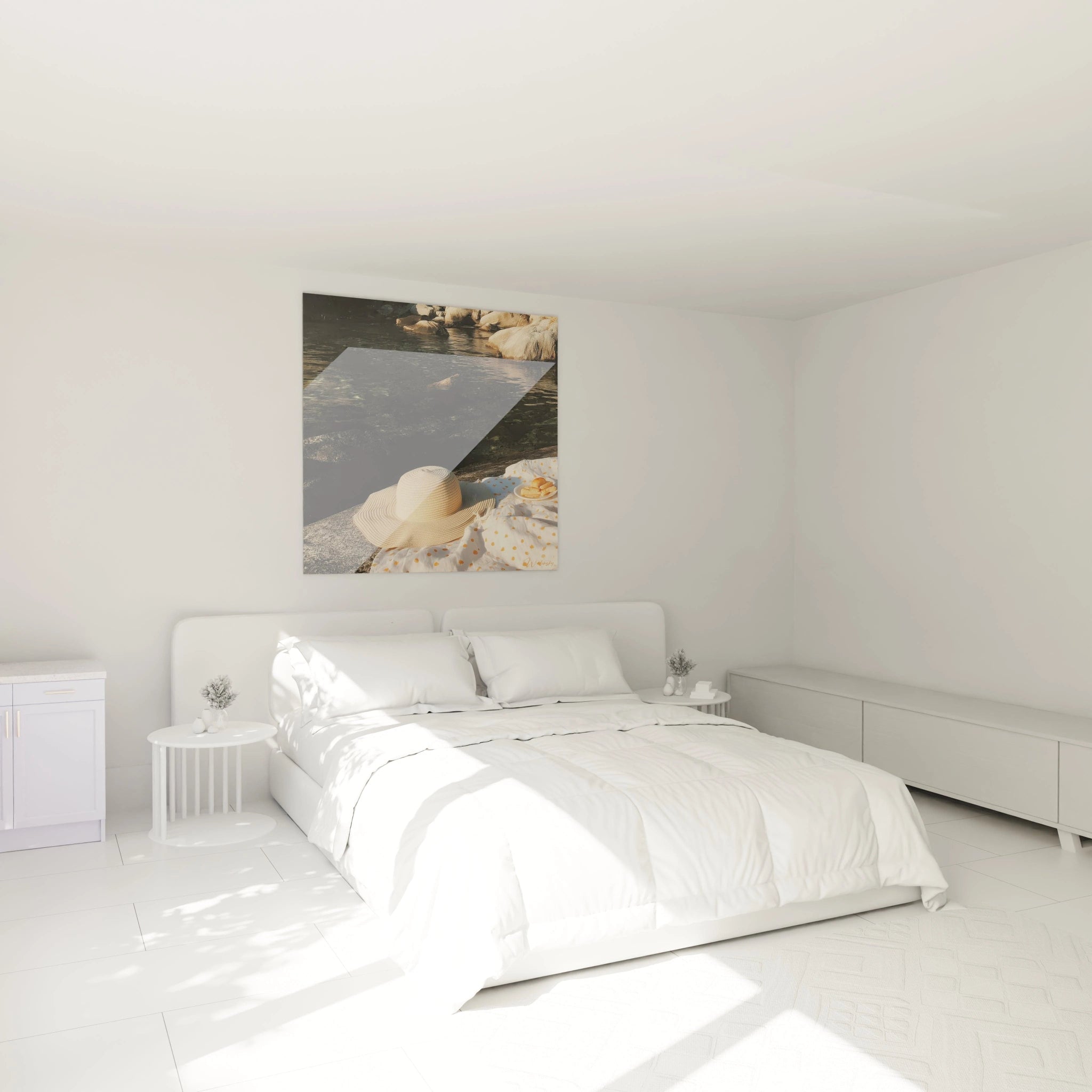 Tableau Walensky au dessus du lit montrant chapeau sur couverture pres de rochers tableau pique-nique décoration murale