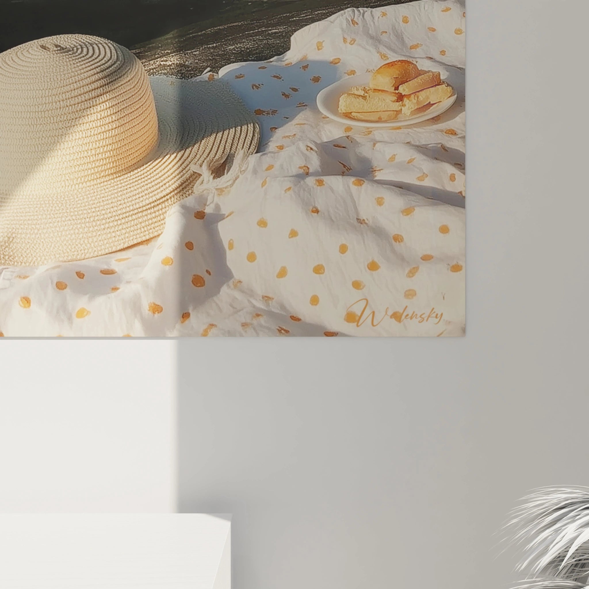 Walensky tableau pique-nique décoration murale chapeau de paille assiette de viennoiseries sur tissu à pois