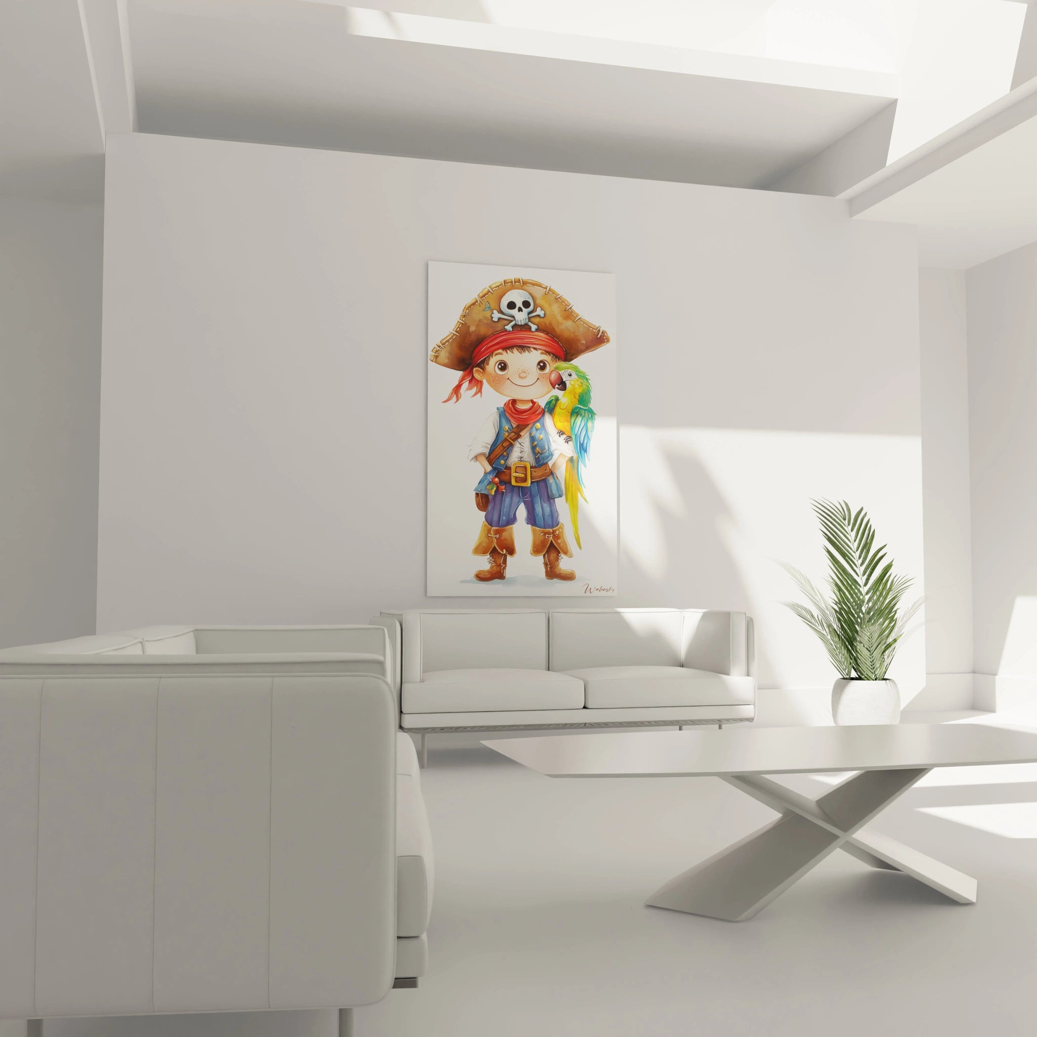 Un tableau pirate pour enfant mettant en scène un personnage souriant portant une tenue rayée et des bottes, avec un perroquet au plumage multicolore sur l’épaule et des effets d’ombres légers.