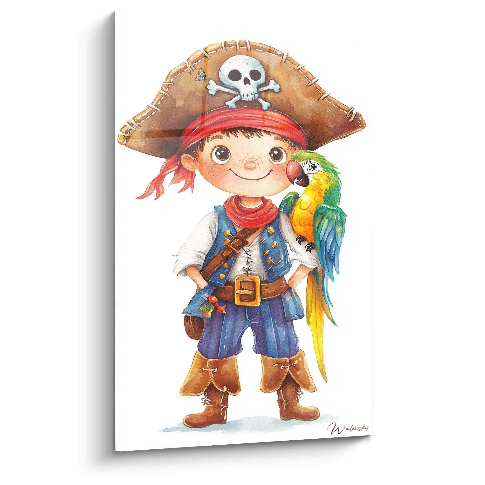 Un tableau pirate pour enfant illustrant un jeune pirate avec un perroquet coloré, un chapeau orné d’un crâne et des vêtements bleus et rouges, sur un fond neutre aux textures lisses et douces.