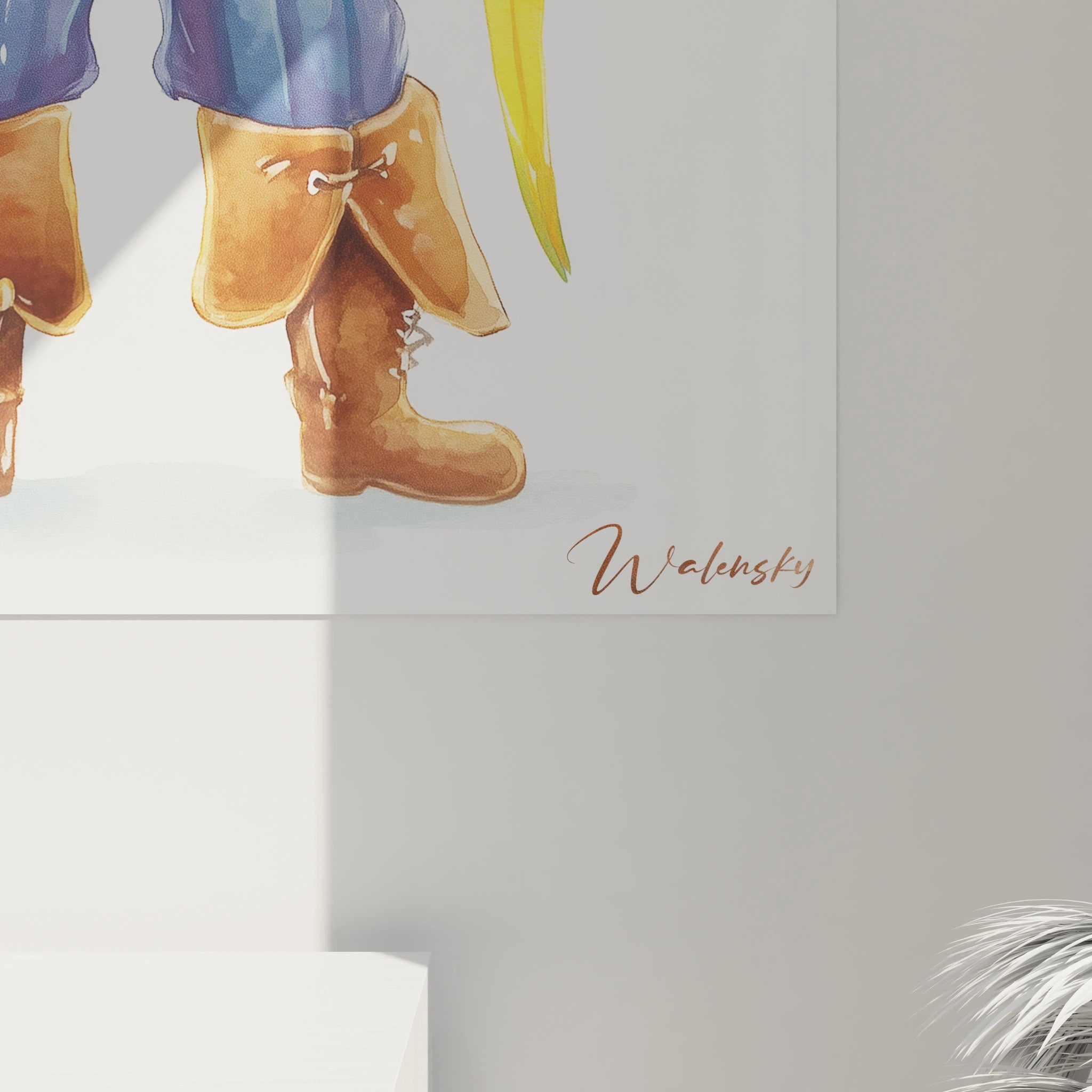 Un tableau pirate pour enfant illustrant un enfant déguisé en pirate, avec un tricorne décoré d’un crâne, des détails de couture visibles sur les vêtements et un perroquet aux teintes vives sur un fond clair.