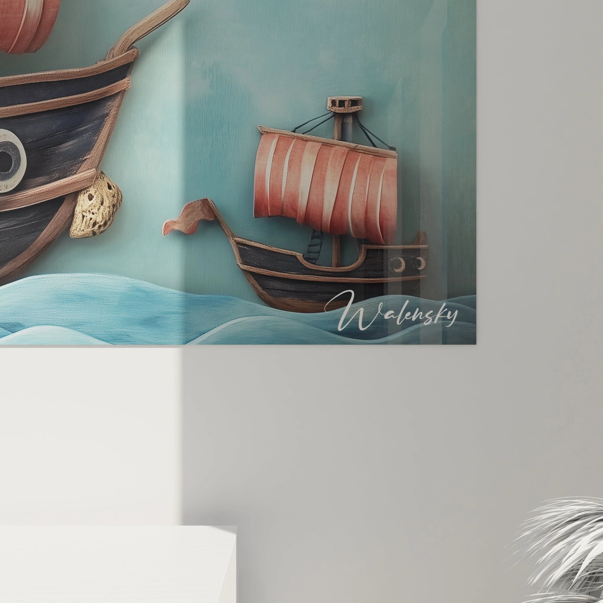 Un tableau pirate pour enfant mettant en scÚne un bateau pirate aux voiles courbées rouges et blanches, naviguant sur une mer stylisée bleue, avec un ciel peint en dégradé et des nuages flottants.