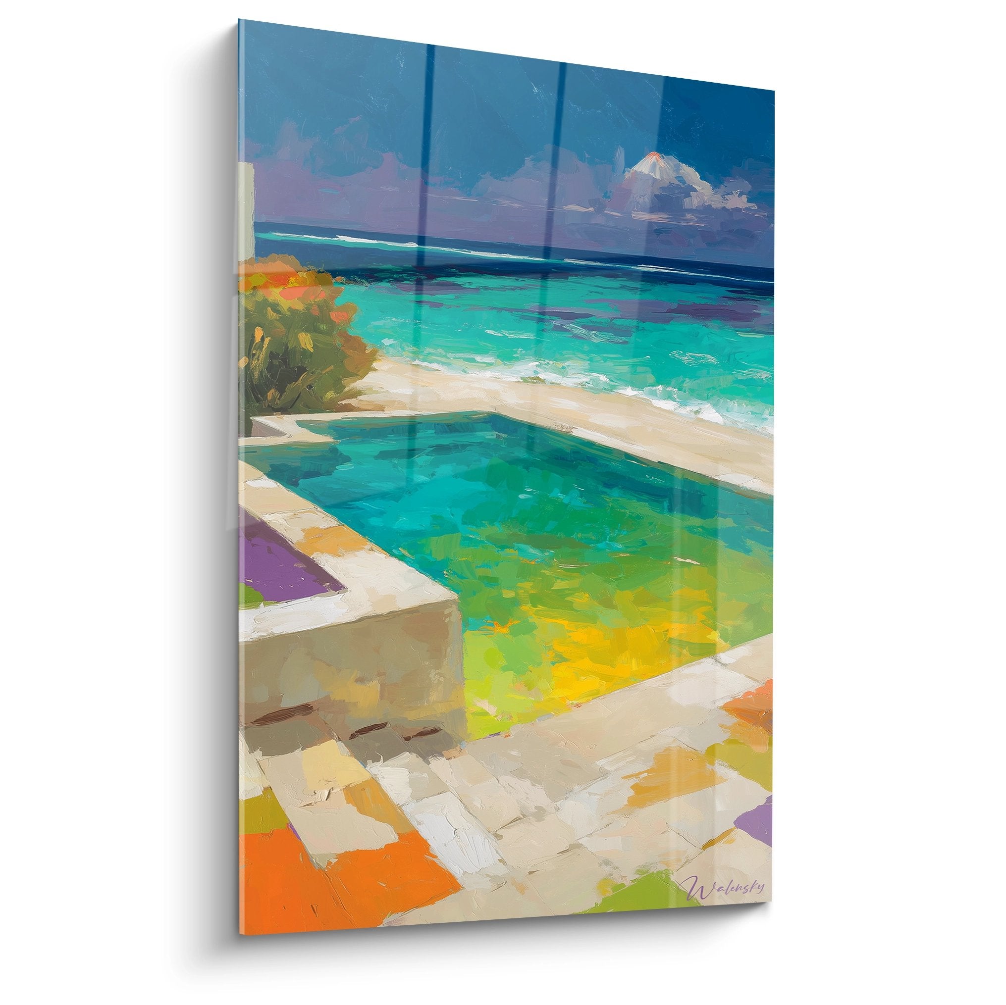 Tableau mural piscine à débordement face mer turquoise style tropical contemporain édition îles archipels