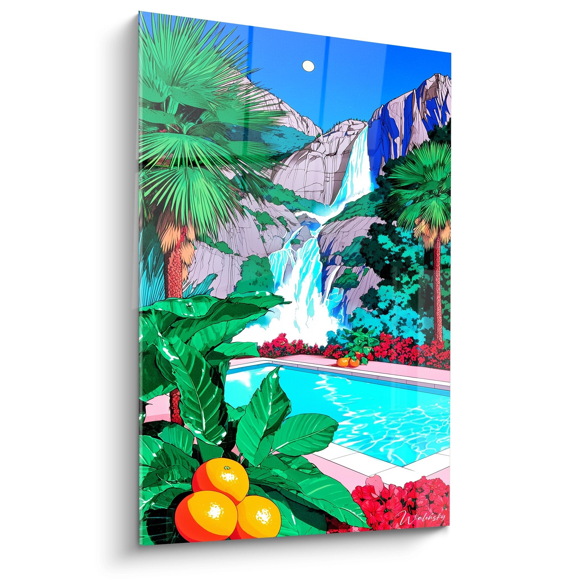 Tableau mural piscine tropicale avec cascade et palmiers, art décoratif paradisiaque aux couleurs vives