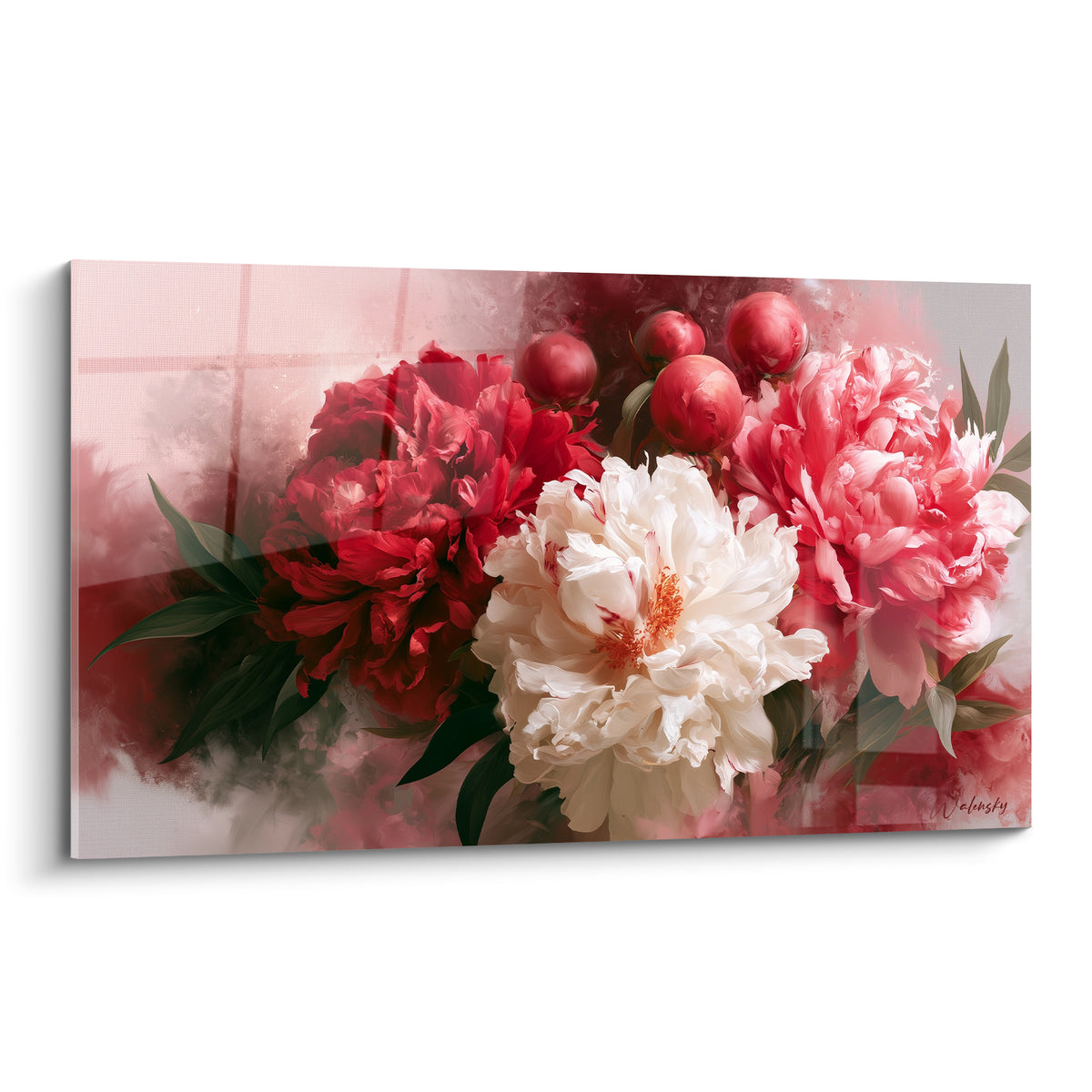Pivoines blanches et rouges épanouies aux pétales froissés sur fond gris estompé
