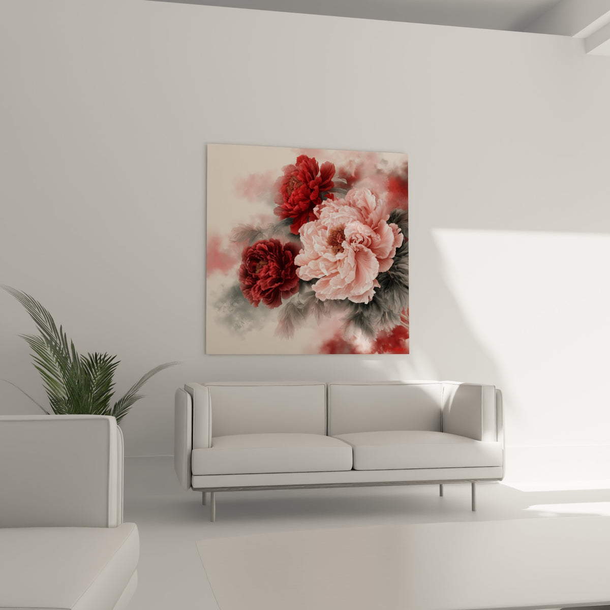 Fleurs de pivoine rose poudré et bordeaux profond au-dessus d'un canapé dans un salon lumineux