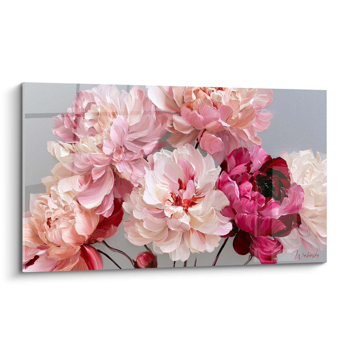 Pivoines roses et fuchsia peintes en empâtements épais sur un fond gris clair épuré