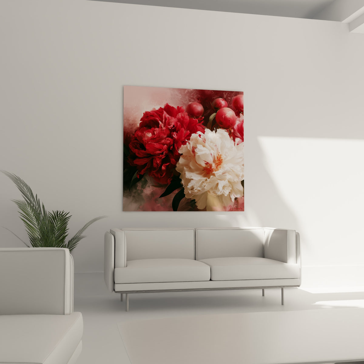 Fleurs de pivoine bordeaux et ivoire disposées au-dessus d'un canapé dans un salon lumineux