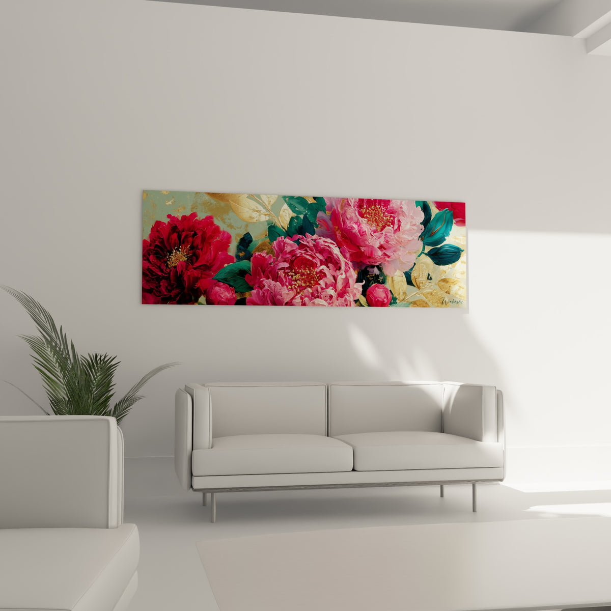 Pivoines fuchsia et cœurs dorés en fleur au-dessus d'un canapé dans un salon lumineux