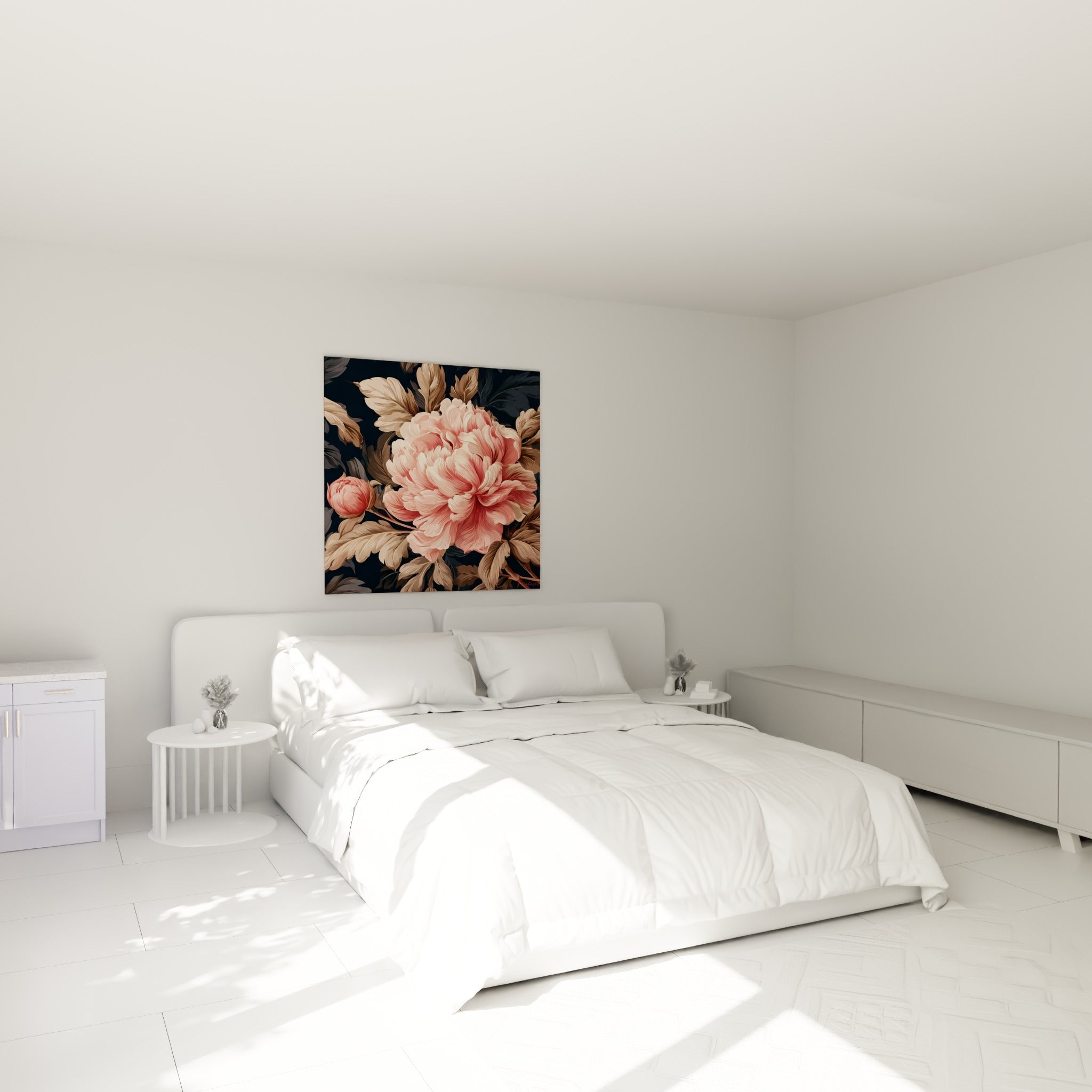 Pétales roses et fond anthracite de la Pivoine au-dessus d'un lit dans une chambre claire