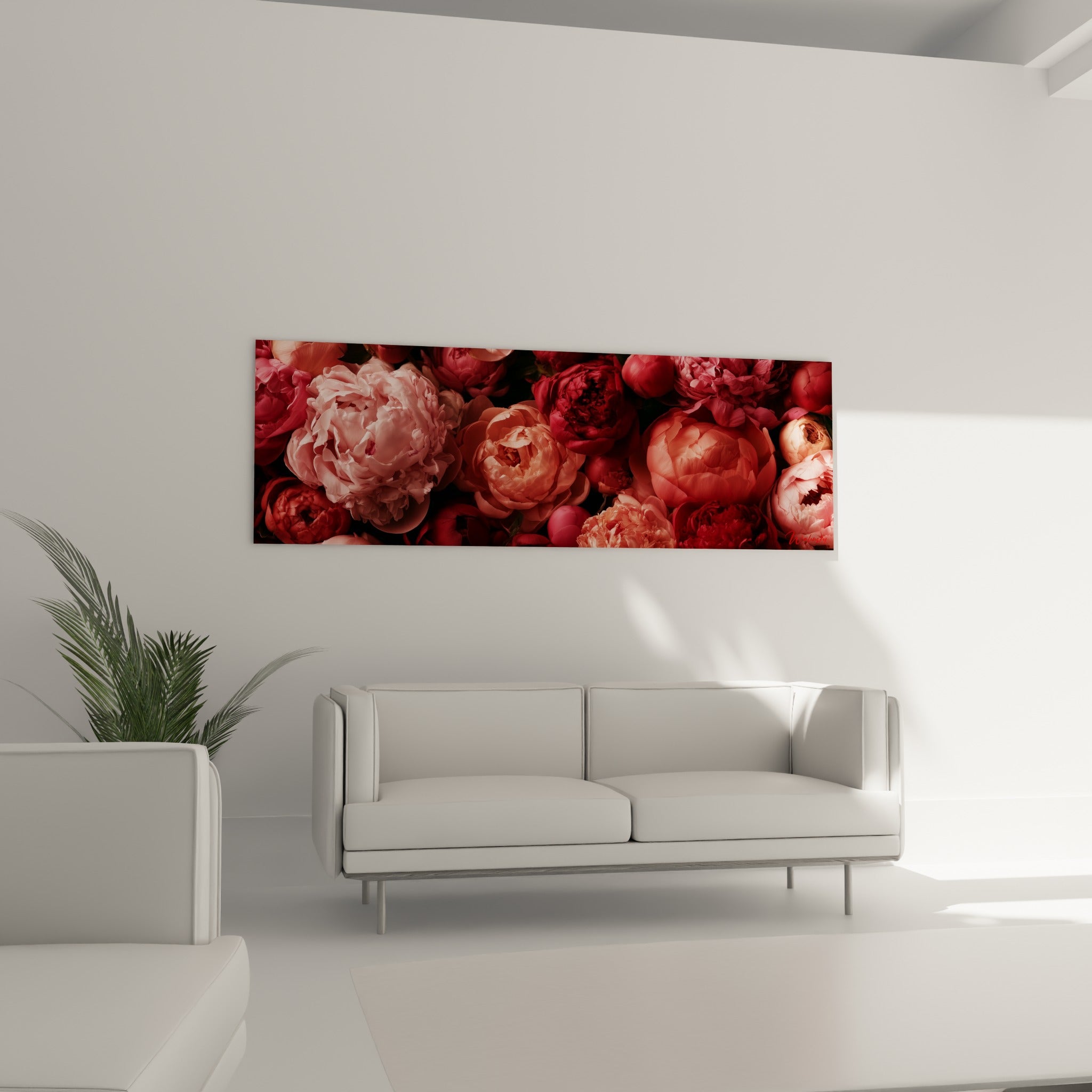 Fleurs de pivoines corail et rouge profond au-dessus d'un canapé dans un salon lumineux