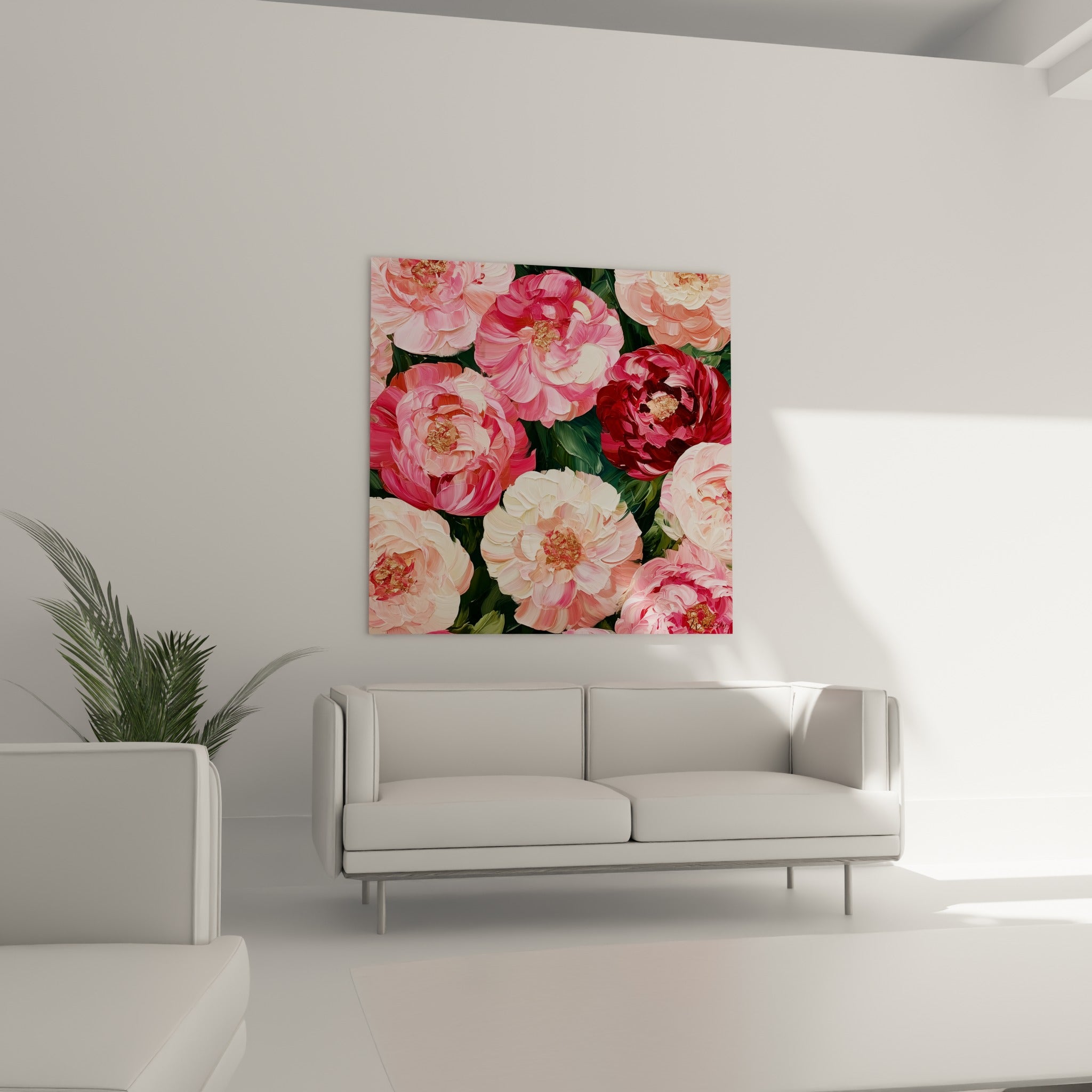 Corolles de pivoines roses et crème aux touches dorées au-dessus d'un canapé dans un salon lumineux